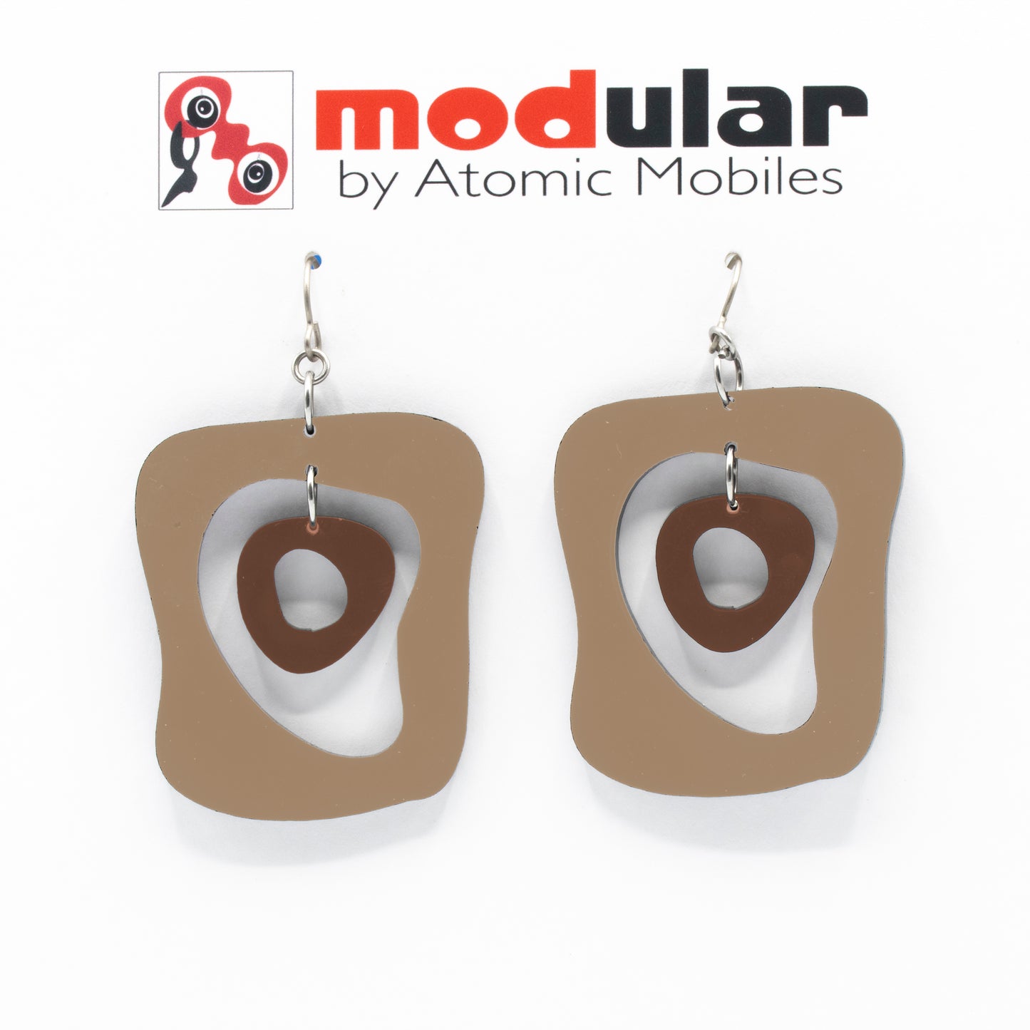MODular Earrings - Mid Mod Statement Earrings in Beige Tan and Brown by AtomicMobiles.com - mid century inspired modern art dangle earrings