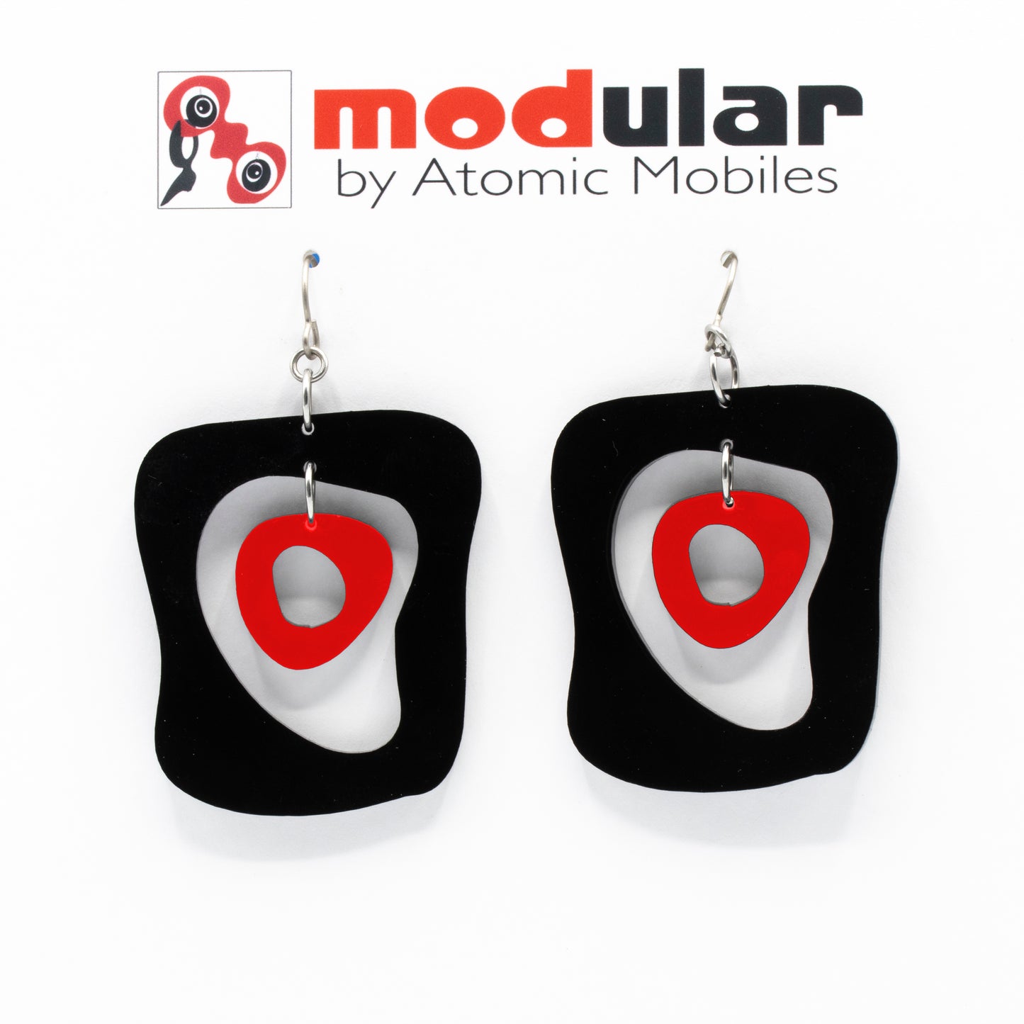 MODular Earrings - Mid Mod Statement Earrings in Black and Red by AtomicMobiles.com - mid century inspired modern art dangle earrings