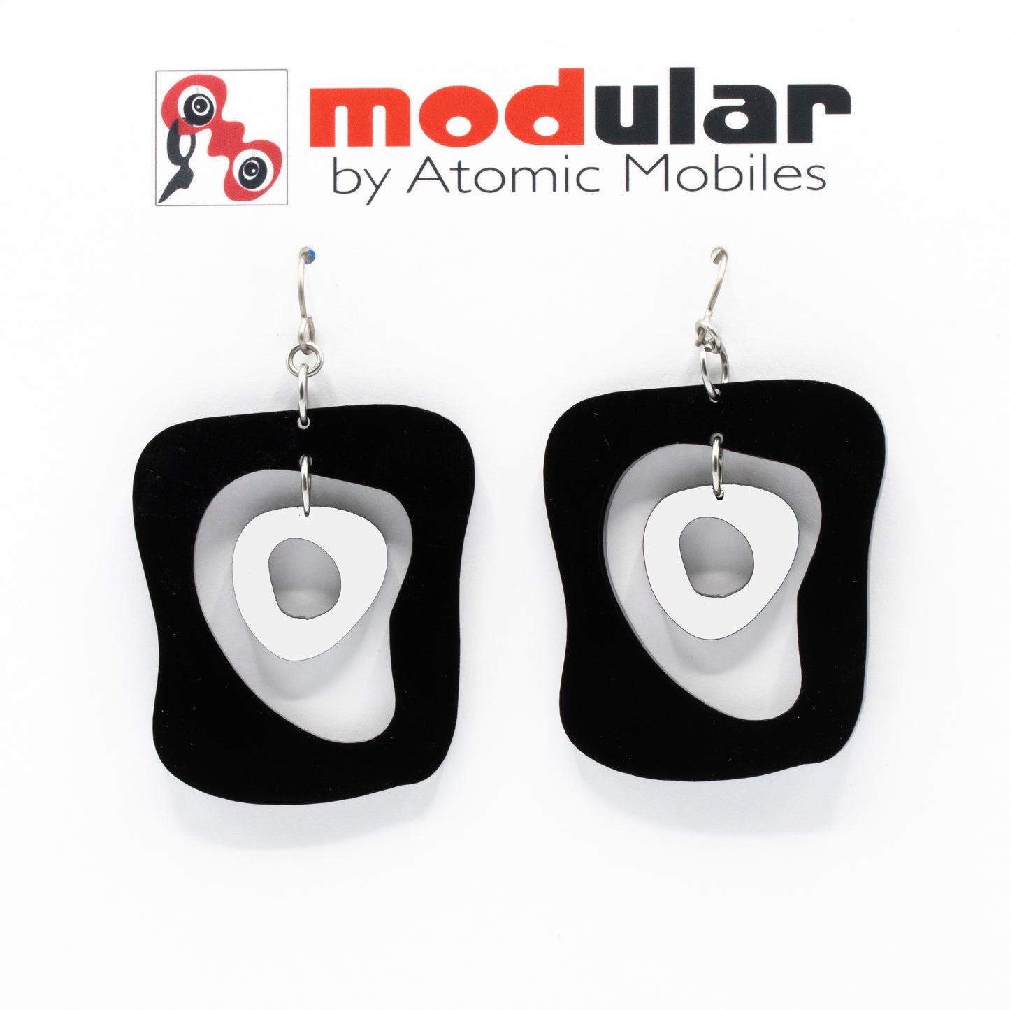 MODular Earrings - Mid Mod Statement Earrings in Black and White by AtomicMobiles.com - mid century inspired modern art dangle earrings