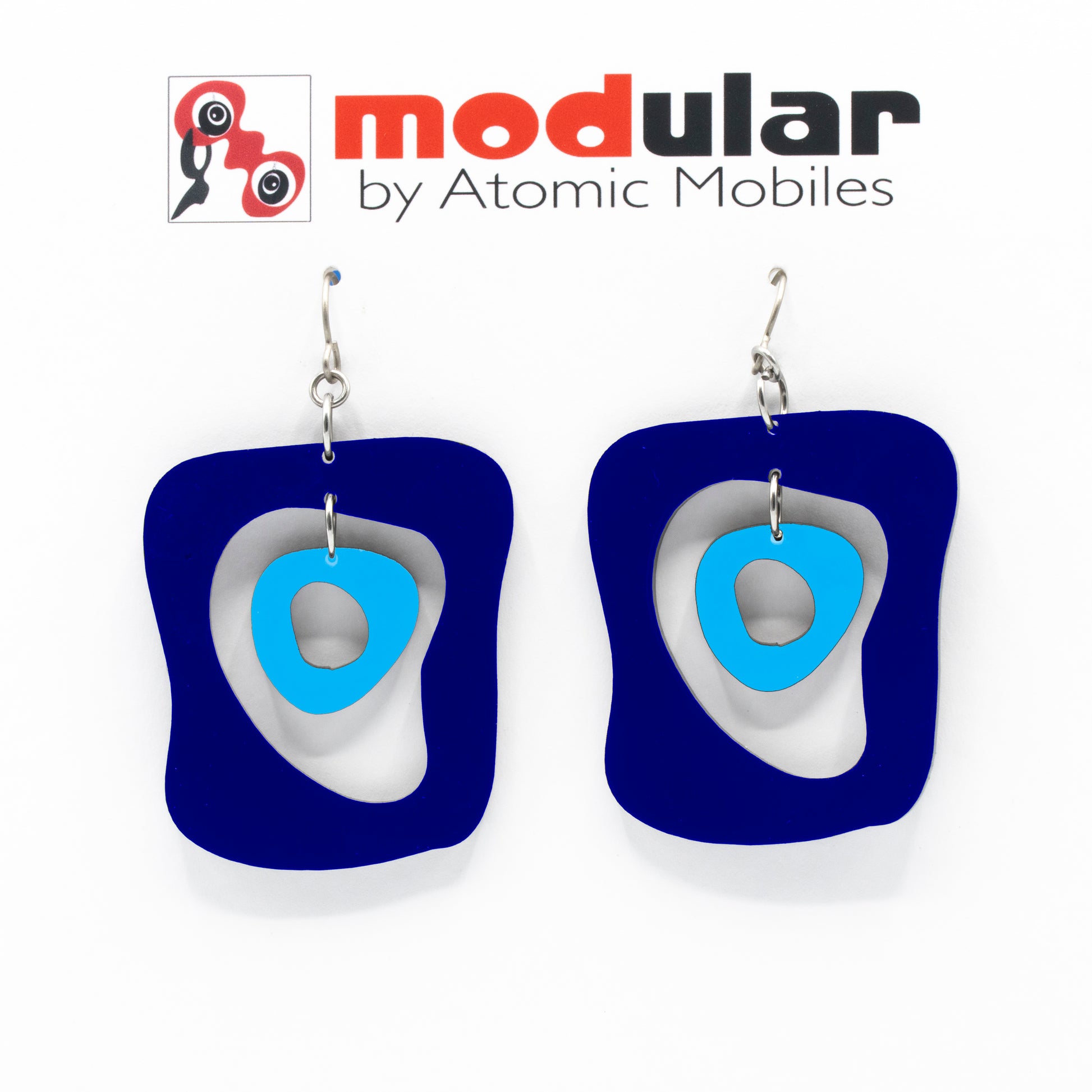 MODular Earrings - Mid Mod Statement Earrings in Navy Blue by AtomicMobiles.com - mid century inspired modern art dangle earrings