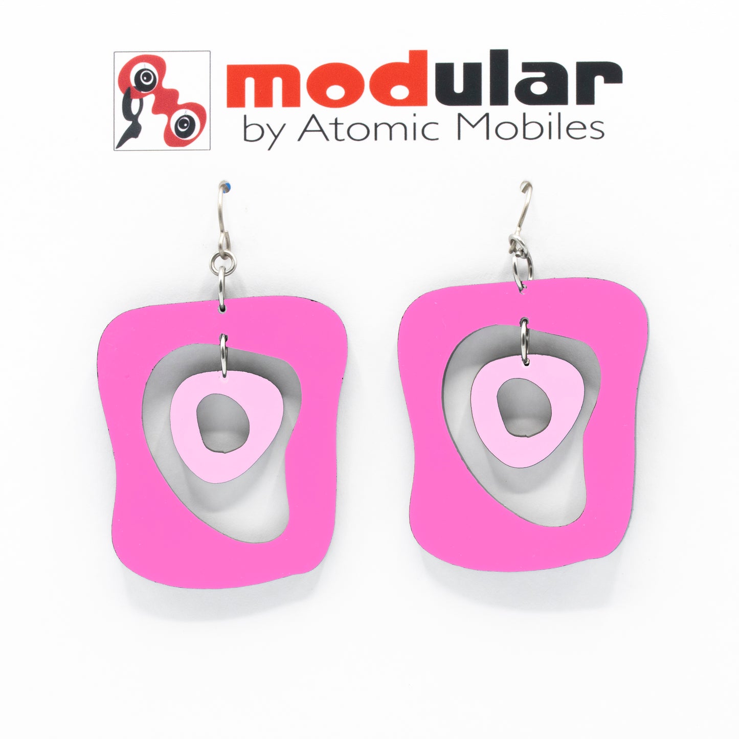 MODular Earrings - Mid Mod Statement Earrings in Hot Pink by AtomicMobiles.com - mid century inspired modern art dangle earrings
