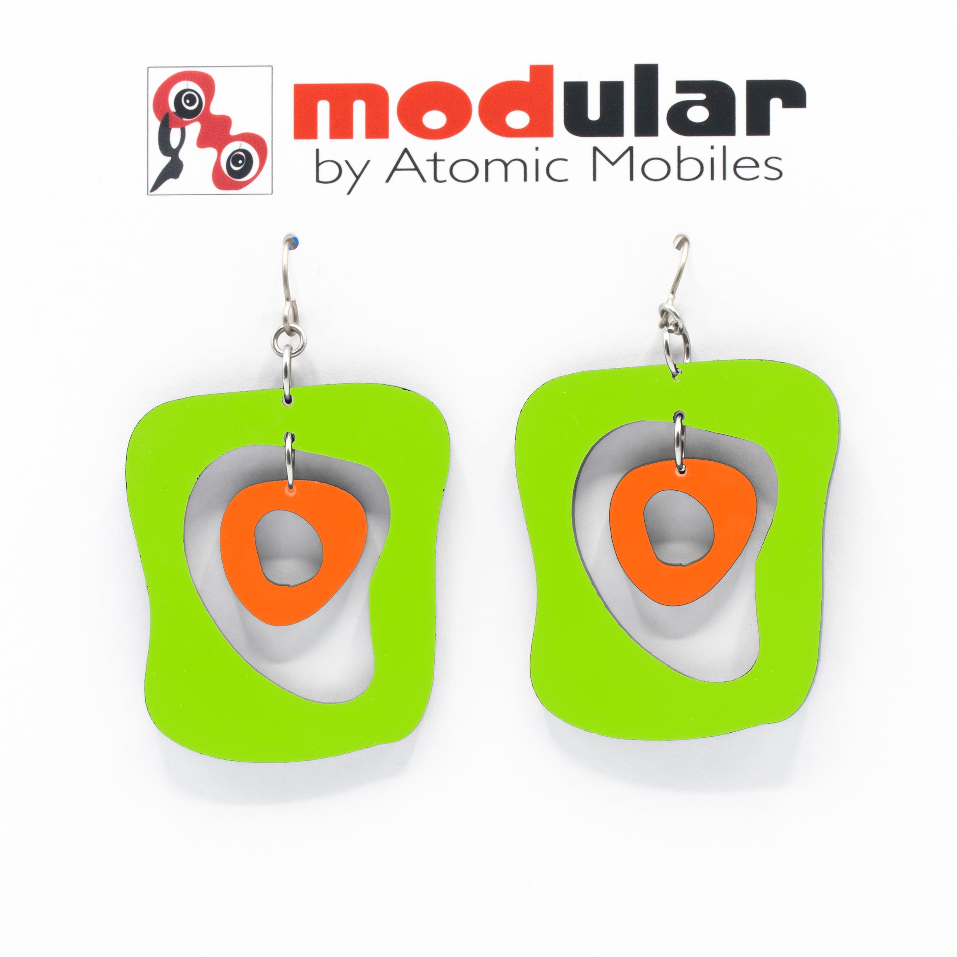 MODular Earrings - Mid Mod Statement Earrings in Lime and Orange by AtomicMobiles.com - mid century inspired modern art dangle earrings
