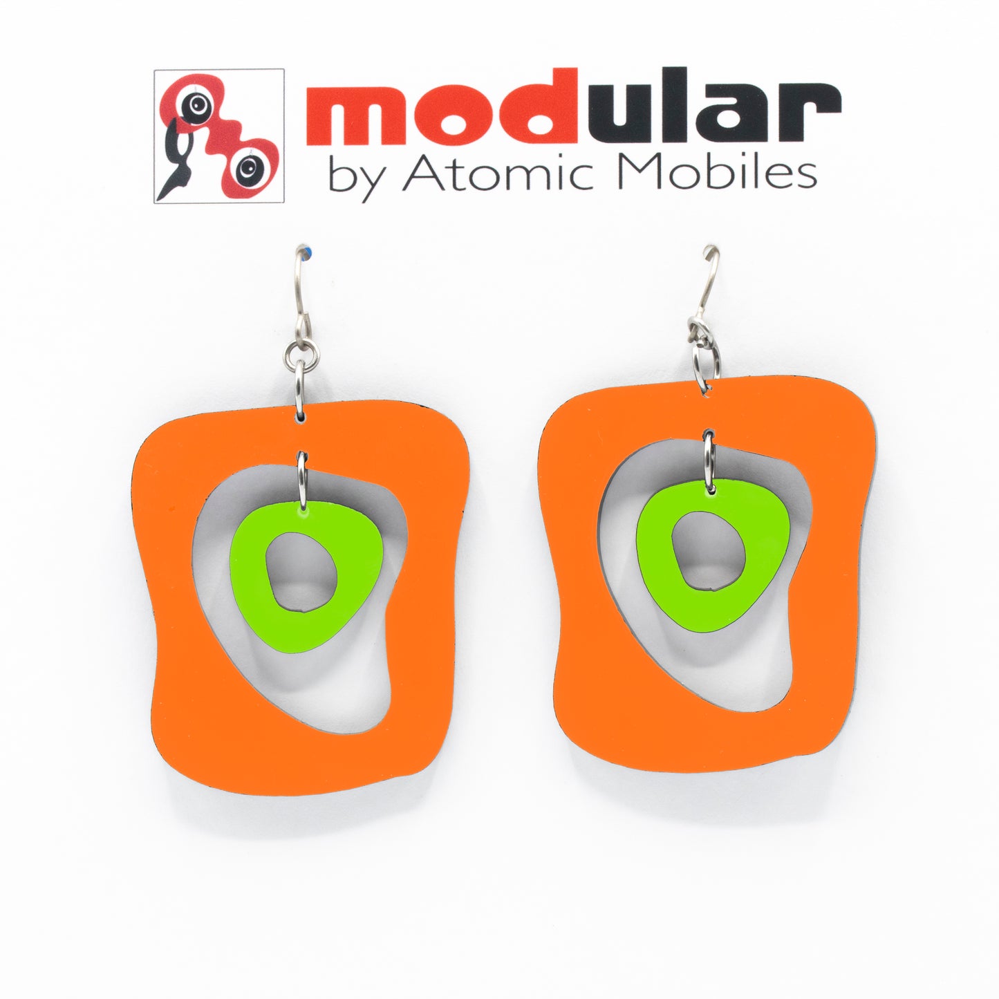 MODular Earrings - Mid Mod Statement Earrings in Orange and Lime by AtomicMobiles.com - mid century inspired modern art dangle earrings