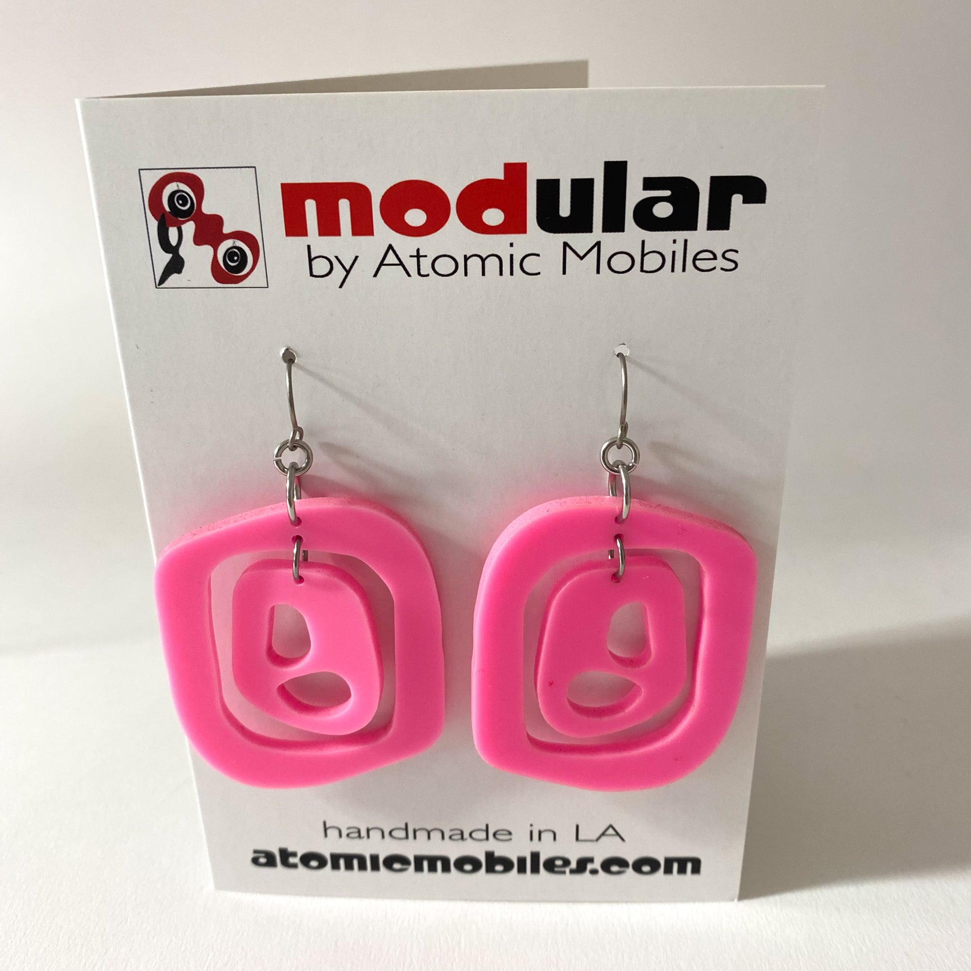 Pink Mid 20th Earrings - retro mid century modern earrings in pink acrylic by AtomicMobiles.com