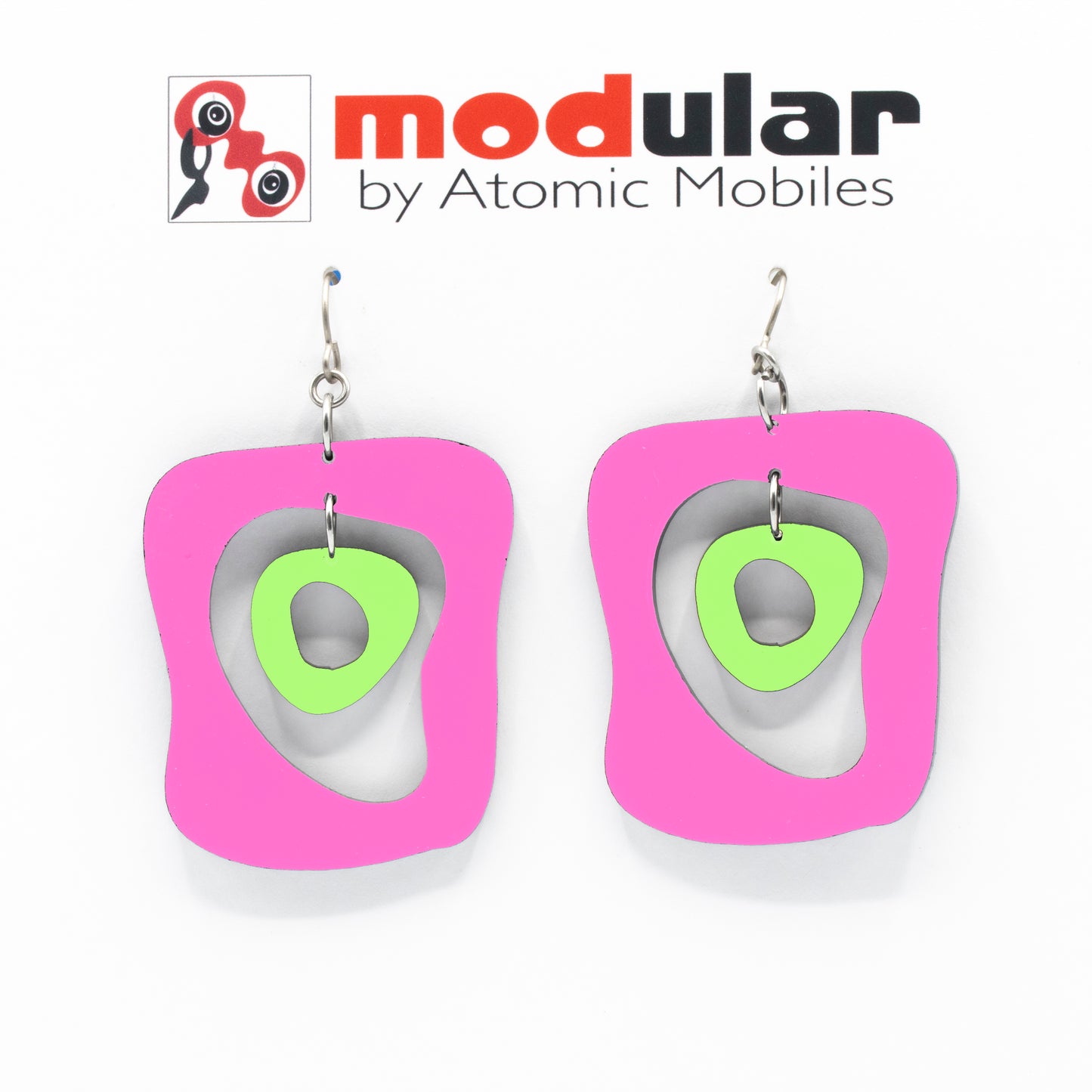 MODular Earrings - Mid Mod Statement Earrings in Hot Pink and Lime by AtomicMobiles.com - mid century inspired modern art dangle earrings