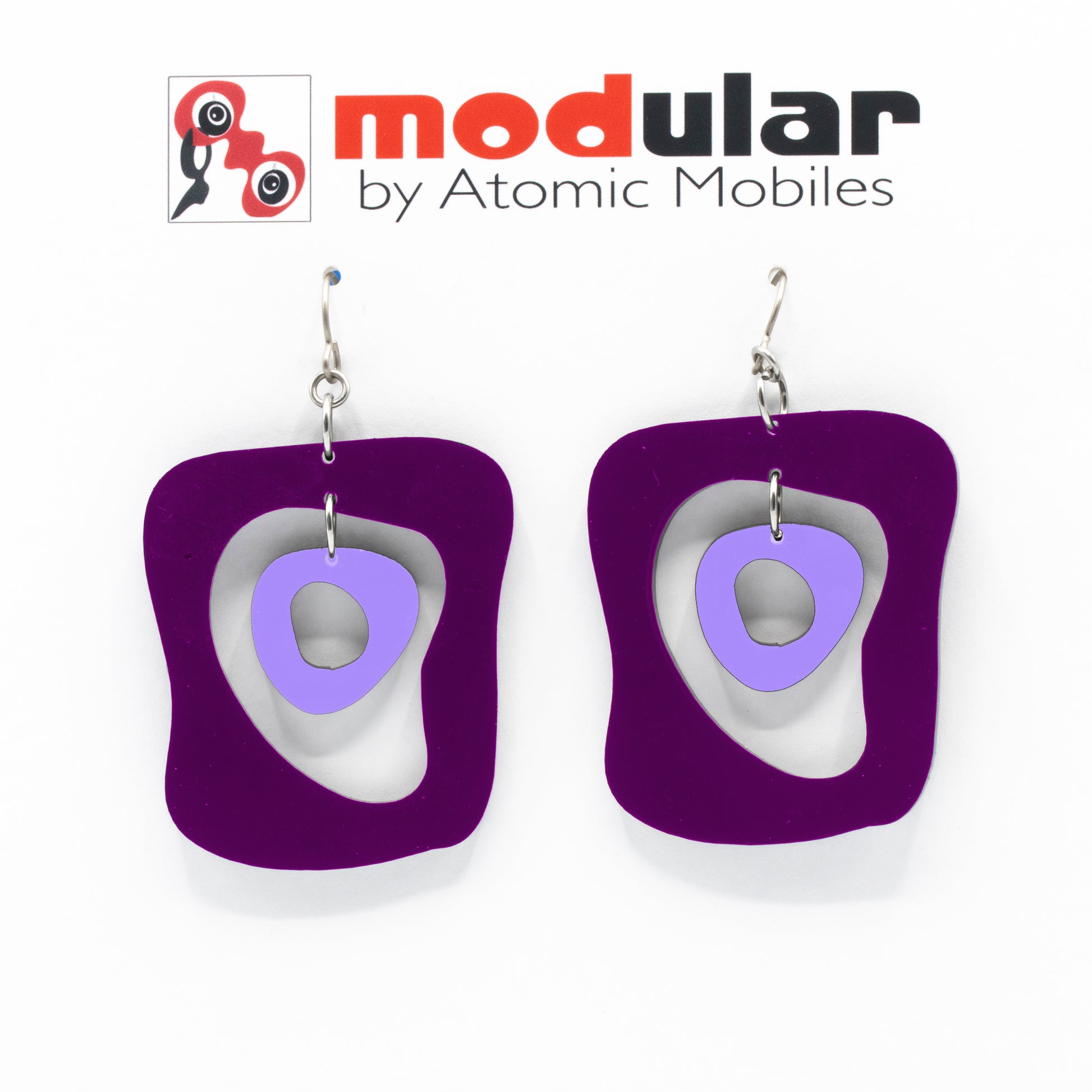 MODular Earrings - Mid Mod Statement Earrings in Purple by AtomicMobiles.com - mid century inspired modern art dangle earrings