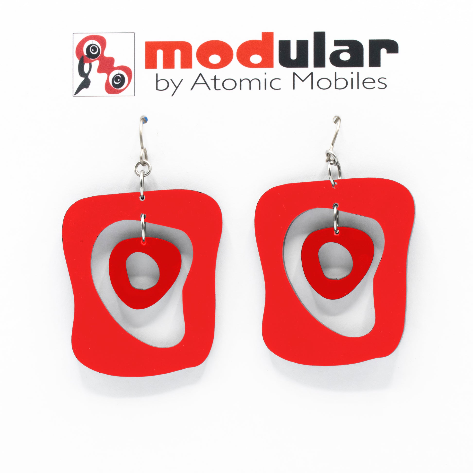 MODular Earrings - Mid Mod Statement Earrings in Red by AtomicMobiles.com - mid century inspired modern art dangle earrings