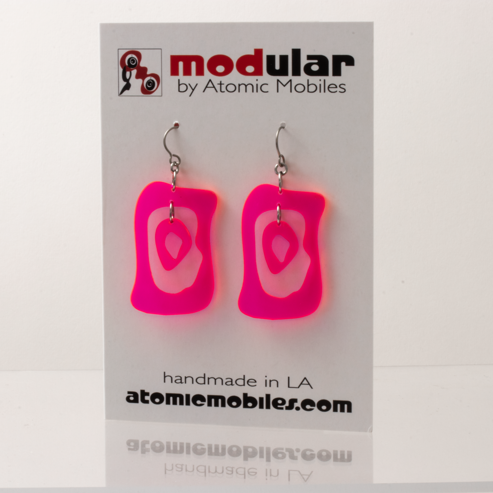 Modern Bliss 1960s Mid Century Modern Style Earrings in Neon Fluorescent Hot Pink plexiglass acrylic by AtomicMobiles.com