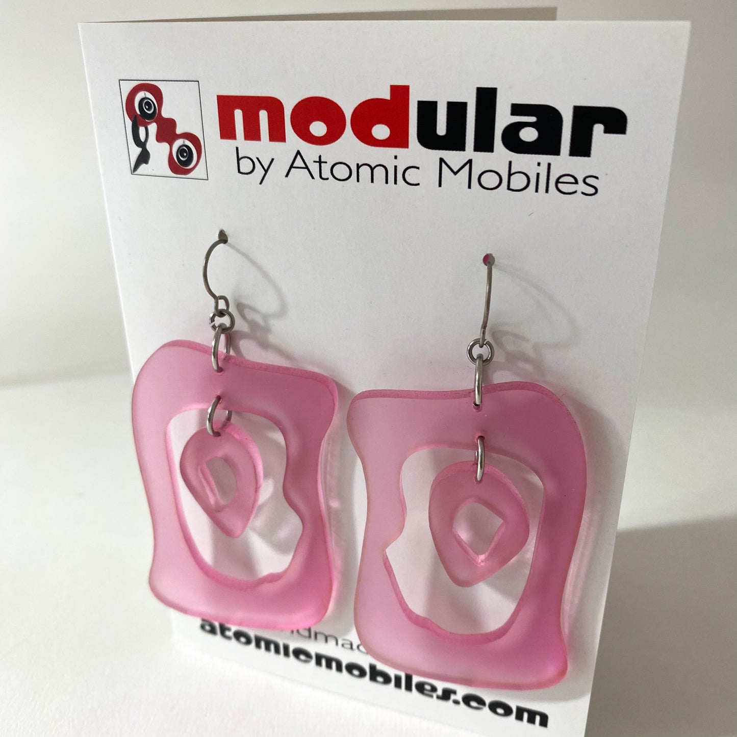 Frosted Pink Modern Bliss retro mid century modern statement fashion earrings by AtomicMobiles.com
