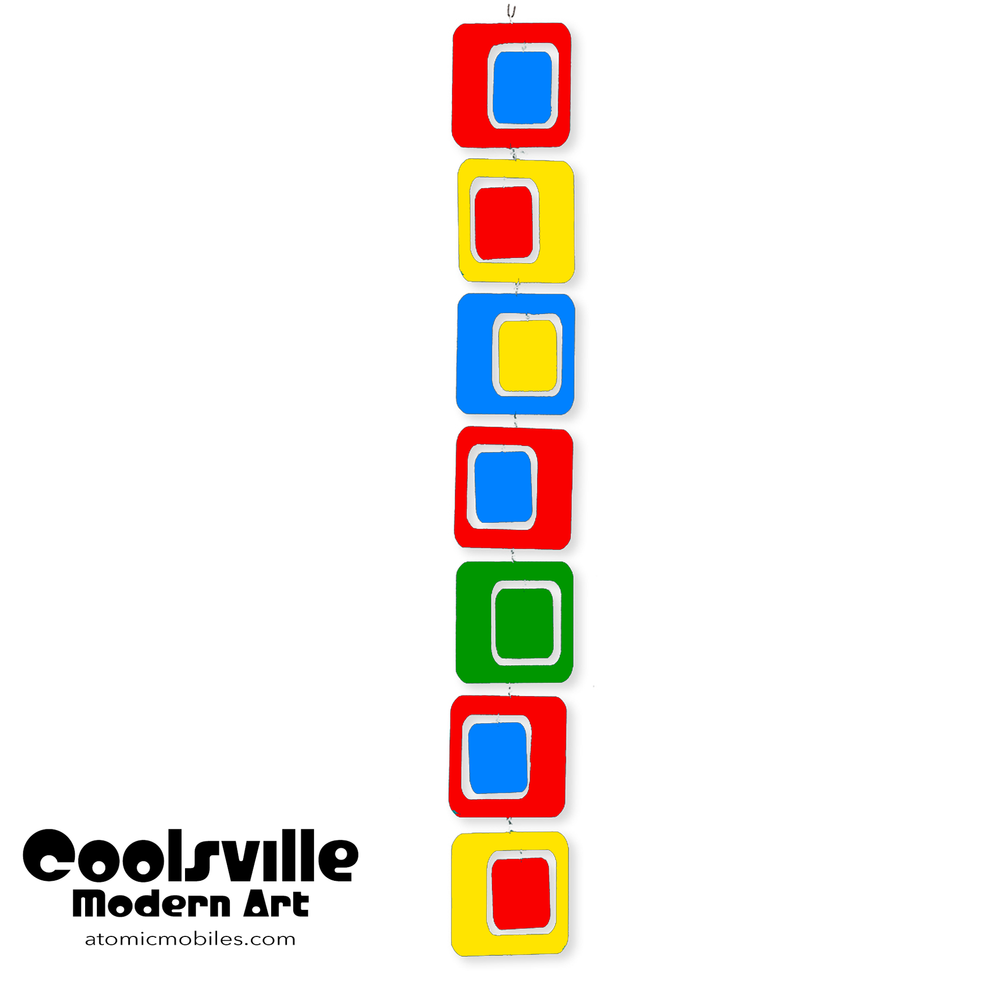 Coolsville kinetic vertical hanging art mobile in Modern Art colors of Red, Blue, Yellow, and Green by AtomicMobiles.com