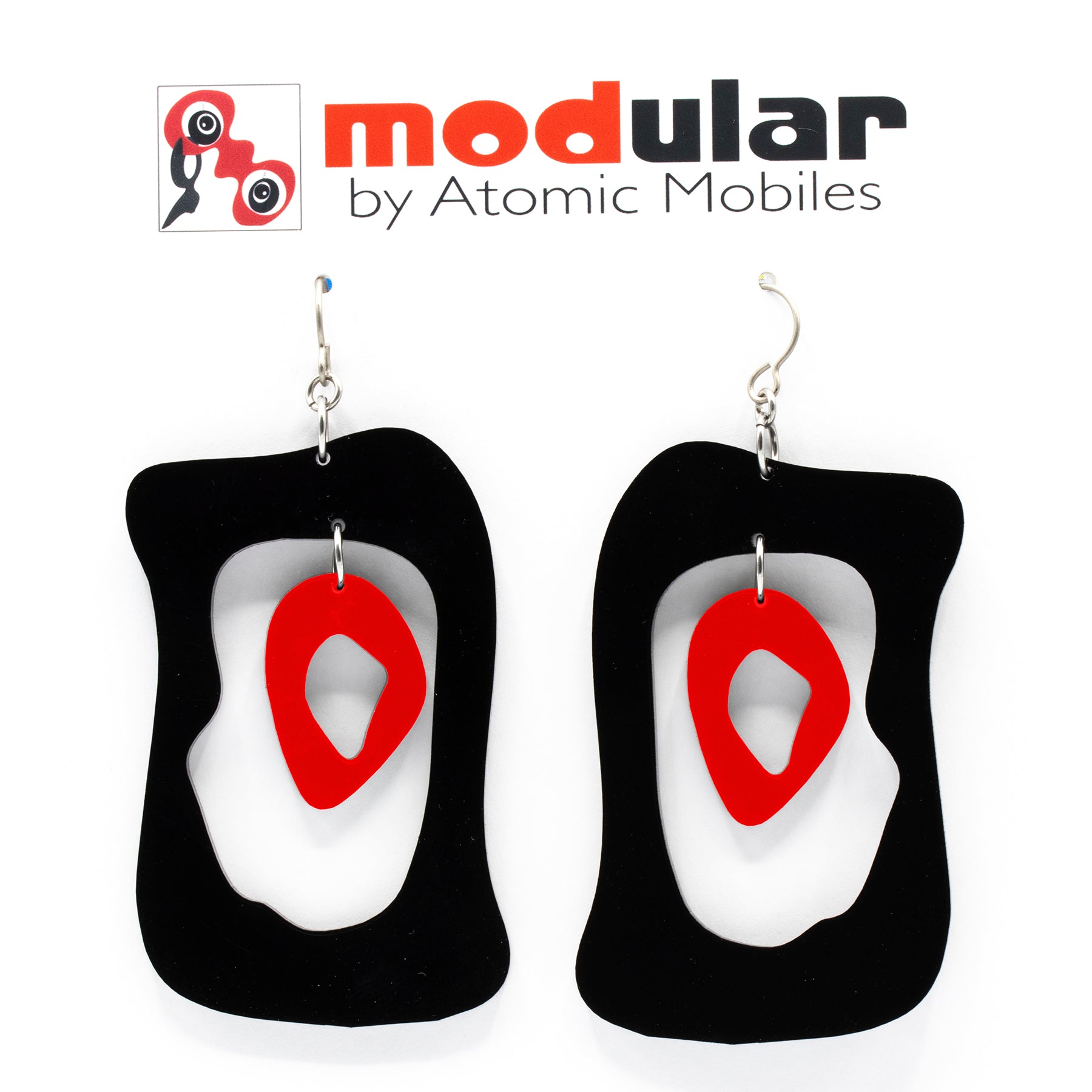 MODular Earrings - Modern Bliss Statement Earrings in Black and Red by AtomicMobiles.com - retro era inspired mod handmade jewelry
