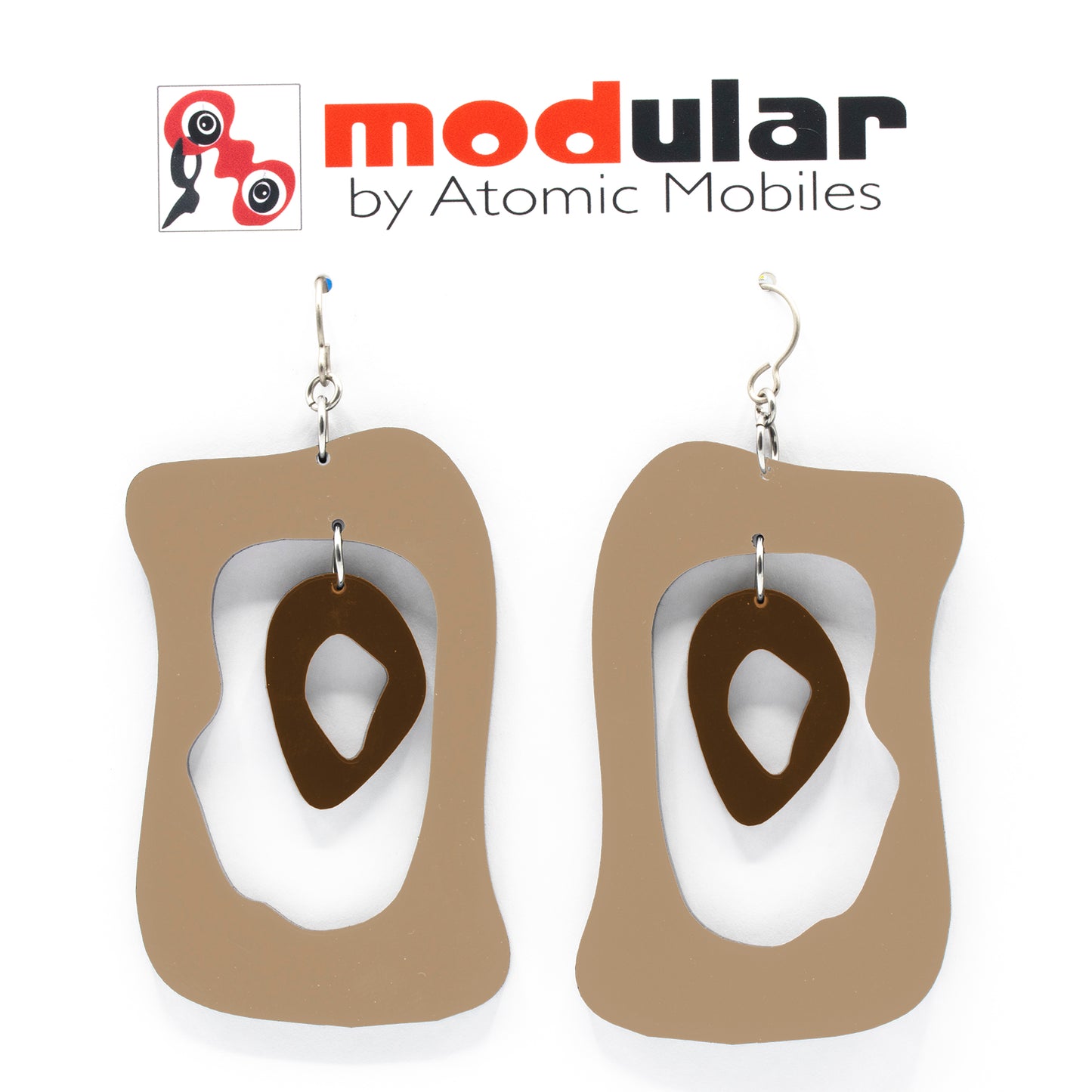 MODular Earrings - Modern Bliss Statement Earrings in Beige Tan and Brown by AtomicMobiles.com - retro era inspired mod handmade jewelry