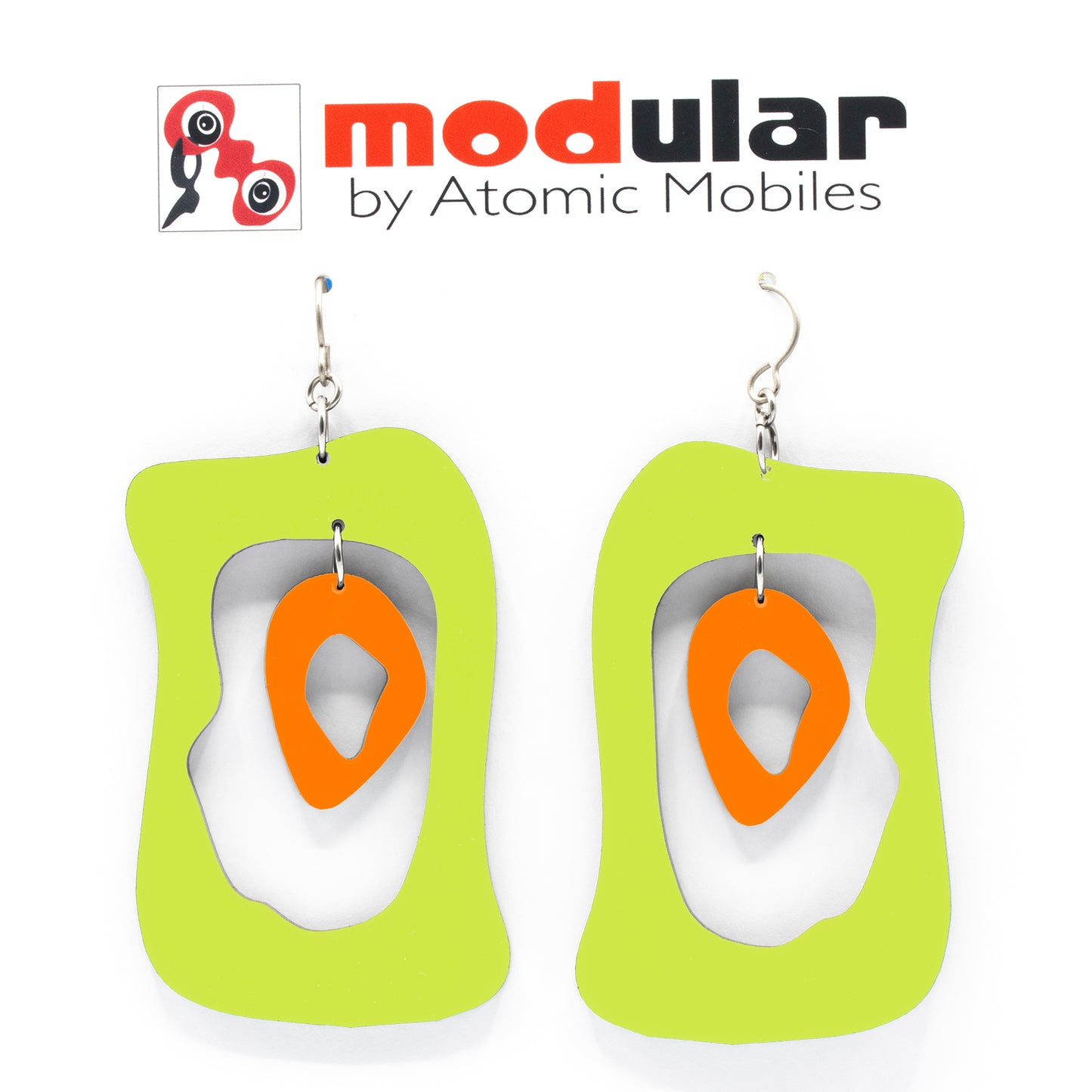 MODular Earrings - Modern Bliss Statement Earrings in Lime and Orange by AtomicMobiles.com - retro era inspired mod handmade jewelry