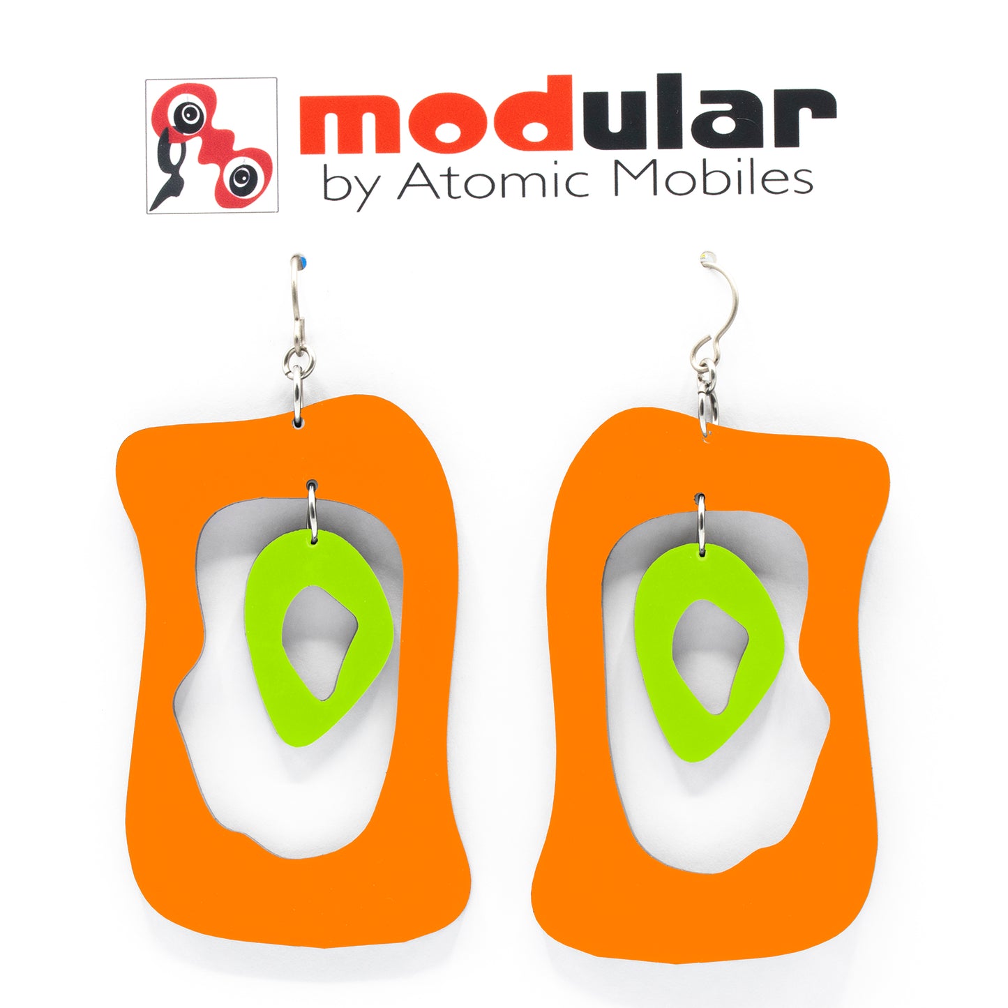 MODular Earrings - Modern Bliss Statement Earrings in Orange and Lime by AtomicMobiles.com - retro era inspired mod handmade jewelry