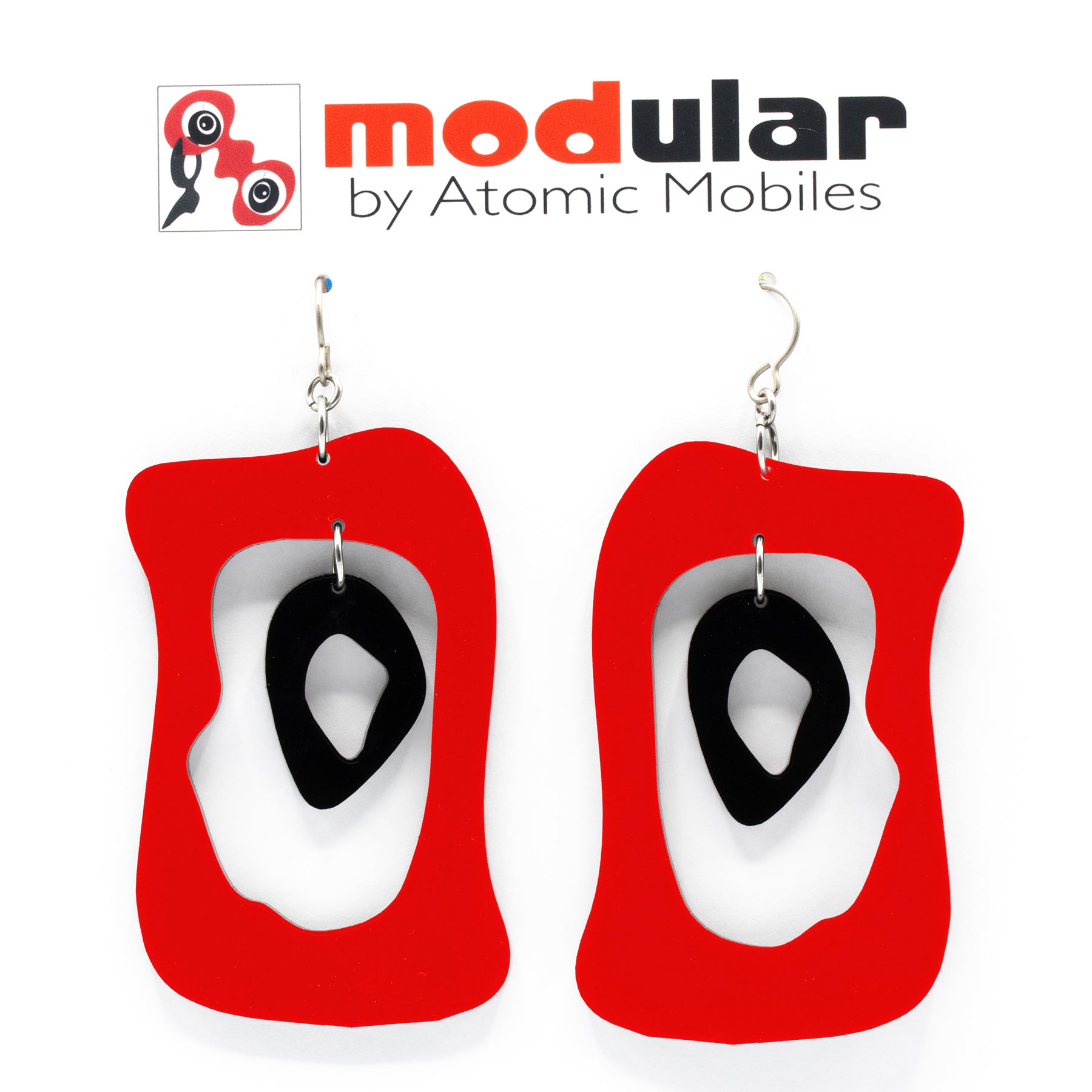 MODular Earrings - Modern Bliss Statement Earrings in Red and Black by AtomicMobiles.com - retro era inspired mod handmade jewelry