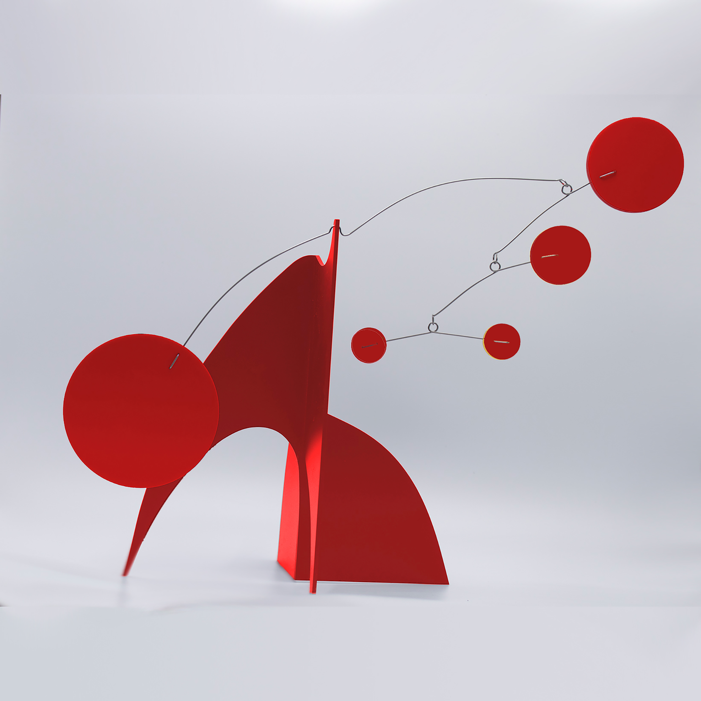 Beautiful Moderne Art Stabile in all red - mid century modern inspired abstract modern art - tabletop kinetic art sculpture mobiles hand made with glossy plexiglass acrylic in Los Angeles by Debra Ann of AtomicMobiles.com