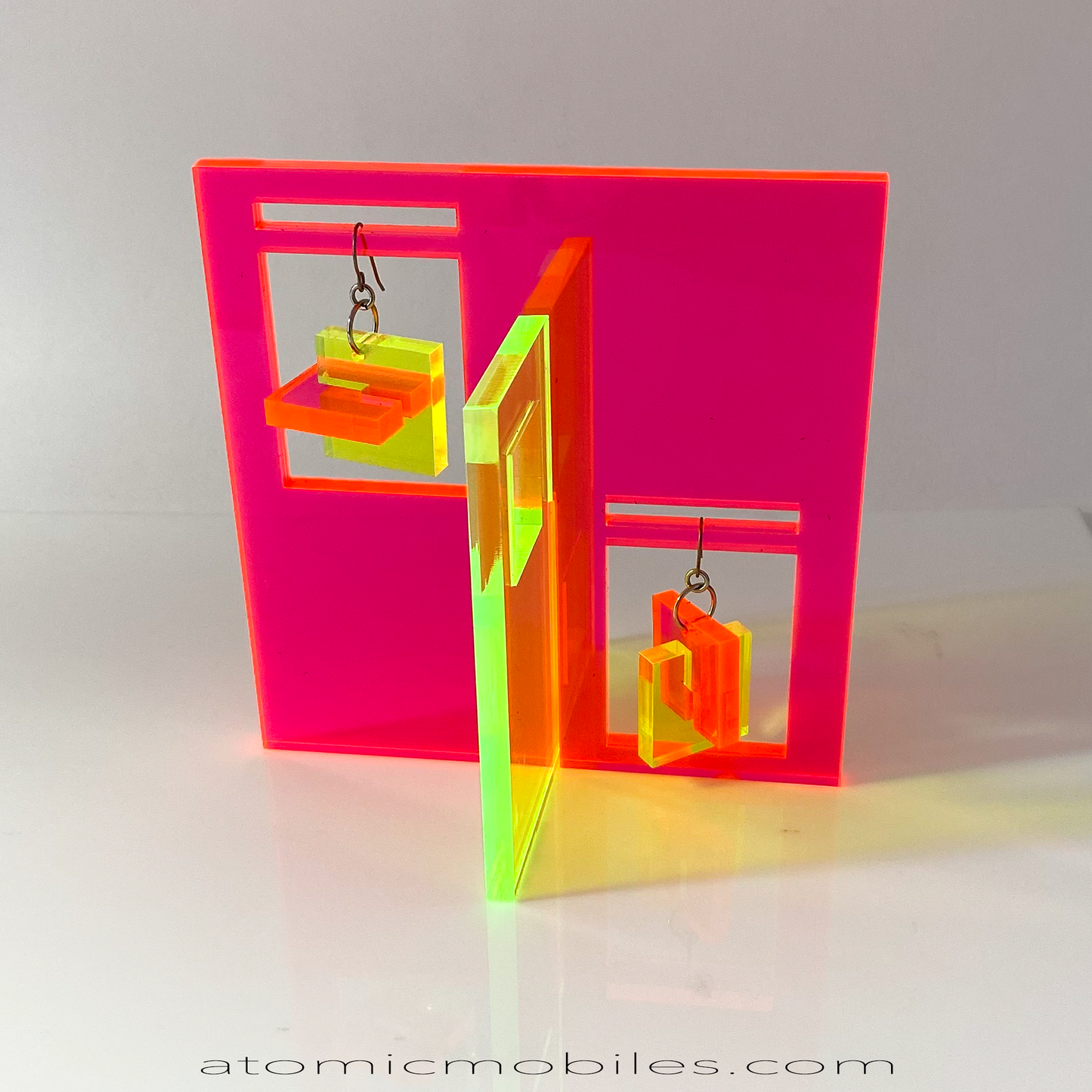 Pop Art Inspired Moderne Earrings and Art Stabile Set in fluorescent neon hot pink and green yellow - modern art sculpture stabile by AtomicMobiles.com