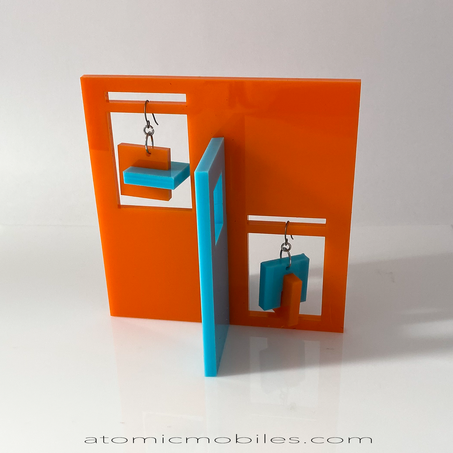 Palm Springs Mid Century Modern Inspired Moderne Earrings and Art Stabile Set in orange and aqua blue - modern art sculpture stabile by AtomicMobiles.com