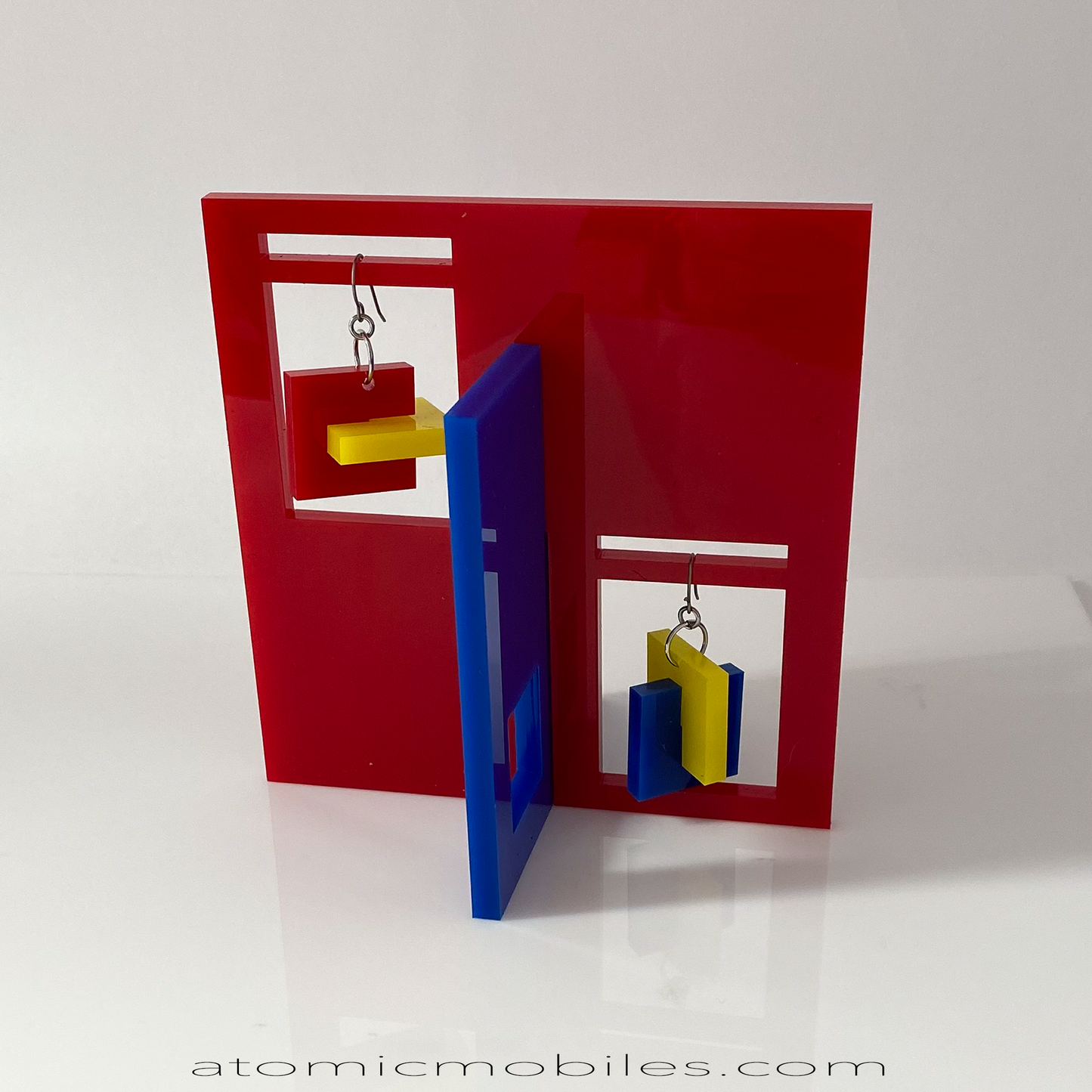 Mondrian Inspired Moderne Earrings and Art Stabile Set in red, blue and yellow - modern art sculpture stabile by AtomicMobiles.com