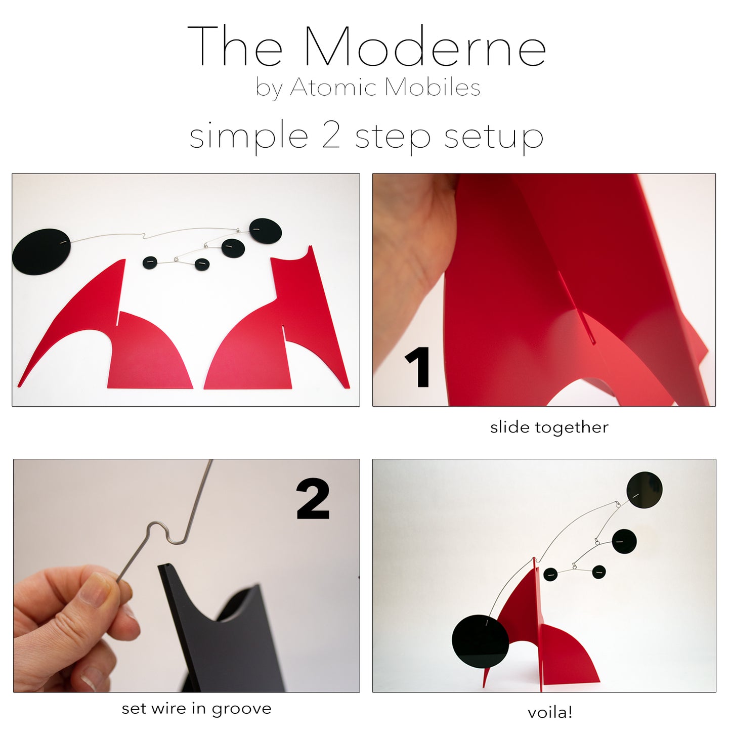 The Moderne Art Stabile Simple 2-Step Setup Instructions for mid century modern abstract art sculpture stabiles hand made in Los Angeles - by AtomicMobiles.com