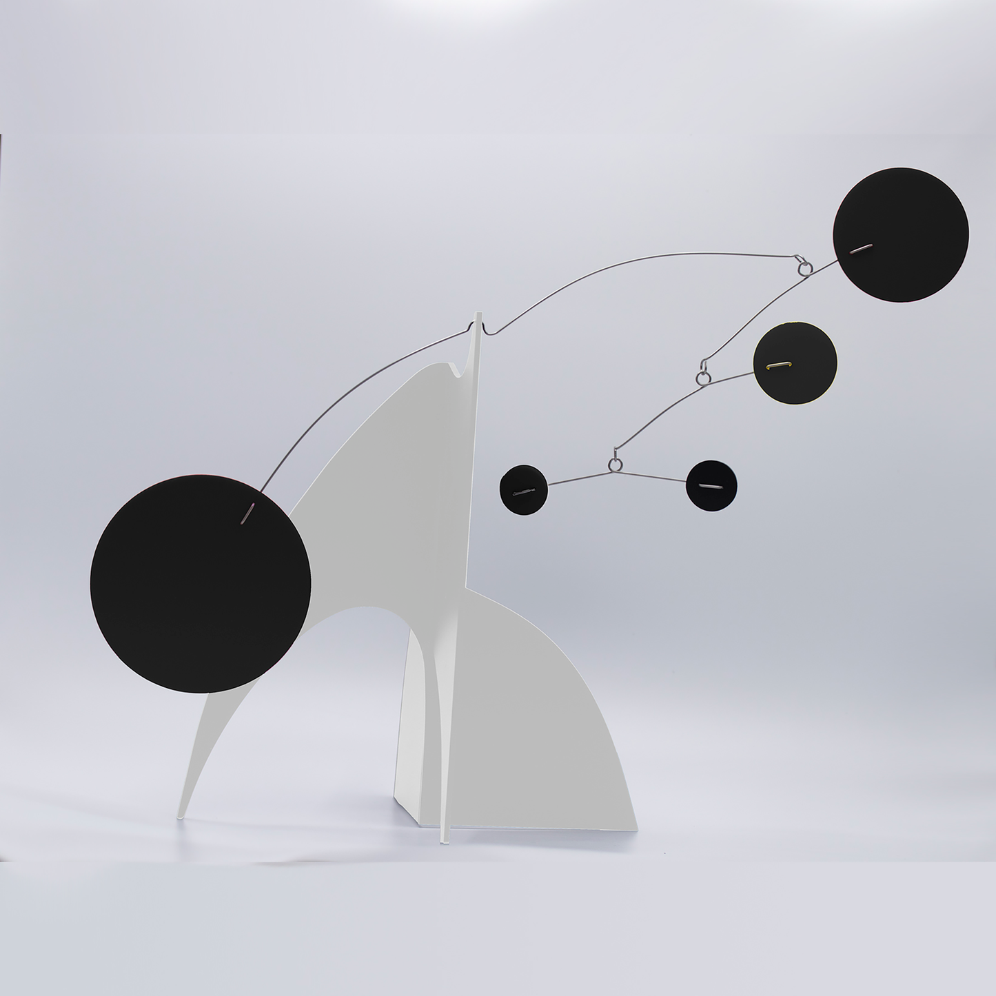 Beautiful Moderne Art Stabile in modernist minimalist colors of white and black - mid century modern inspired abstract modern art - tabletop kinetic art sculpture mobiles hand made with glossy plexiglass acrylic in Los Angeles by Debra Ann of AtomicMobiles.com