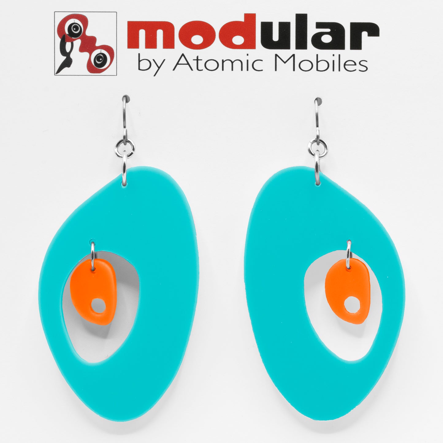 MODular Earrings - The Modernist Statement Earrings in Aqua and Orange by AtomicMobiles.com - retro era inspired mod handmade jewelry