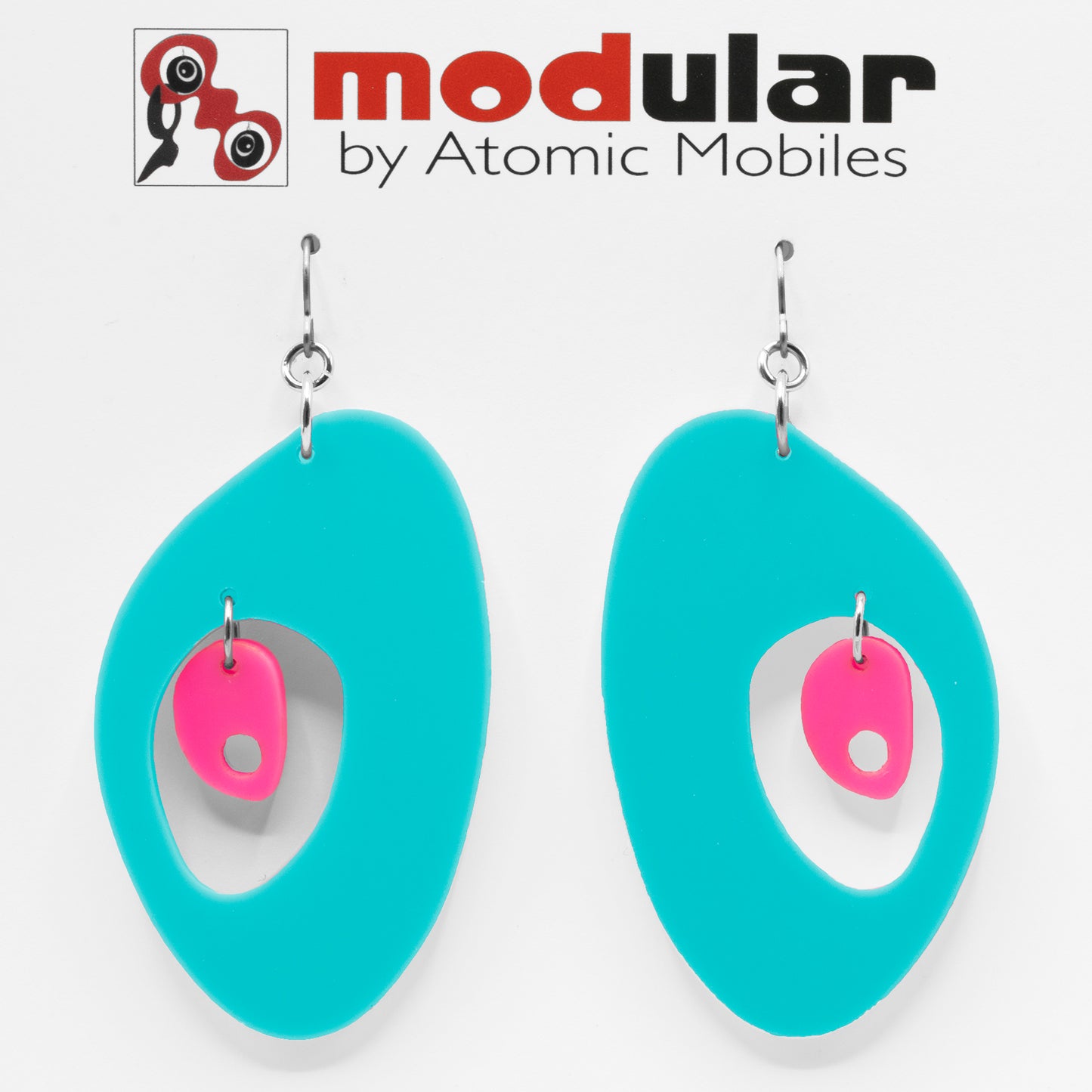 MODular Earrings - The Modernist Statement Earrings in Aqua and Hot Pink by AtomicMobiles.com - retro era inspired mod handmade jewelry