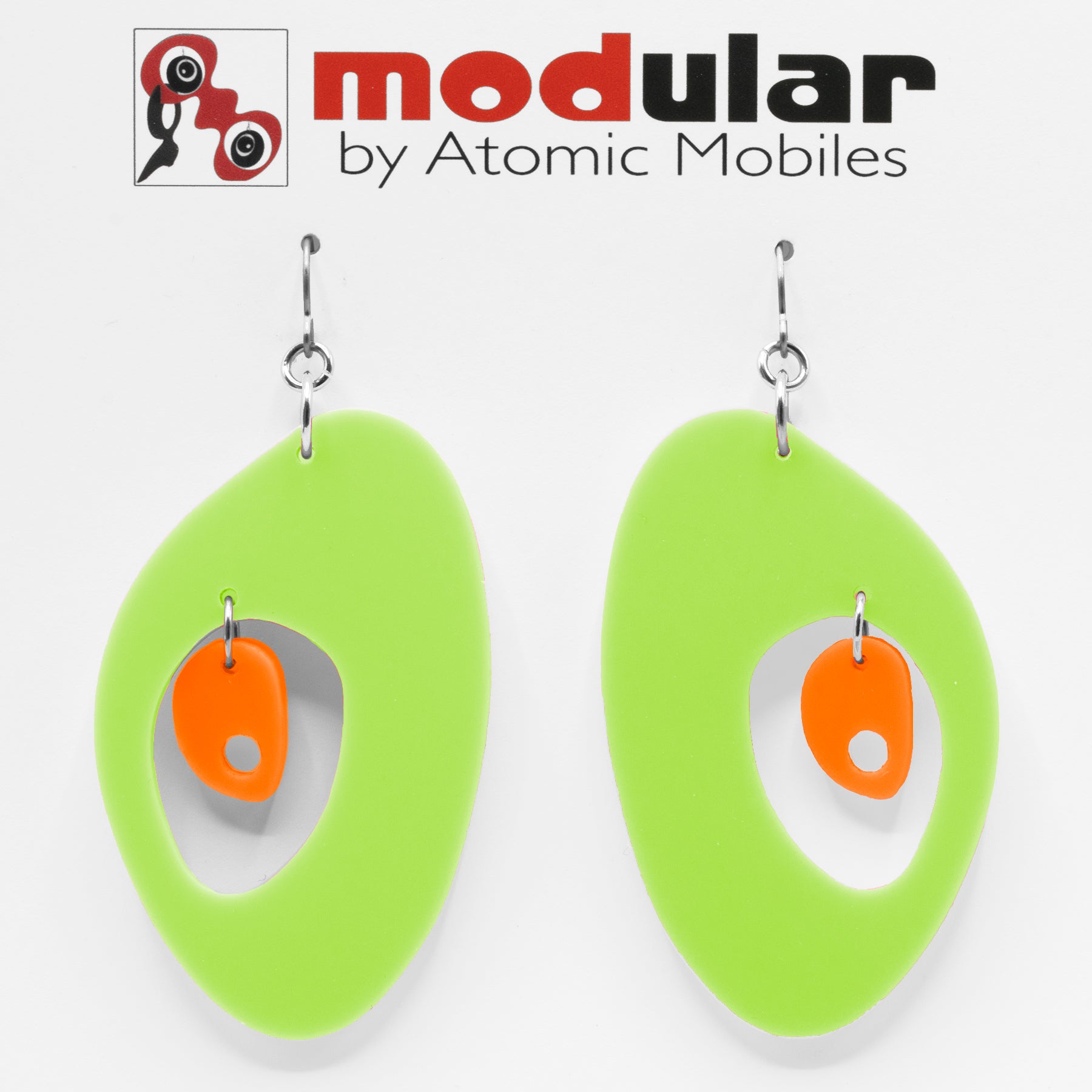 MODular Earrings - The Modernist Statement Earrings in Lime and Orange by AtomicMobiles.com - retro era inspired mod handmade jewelry