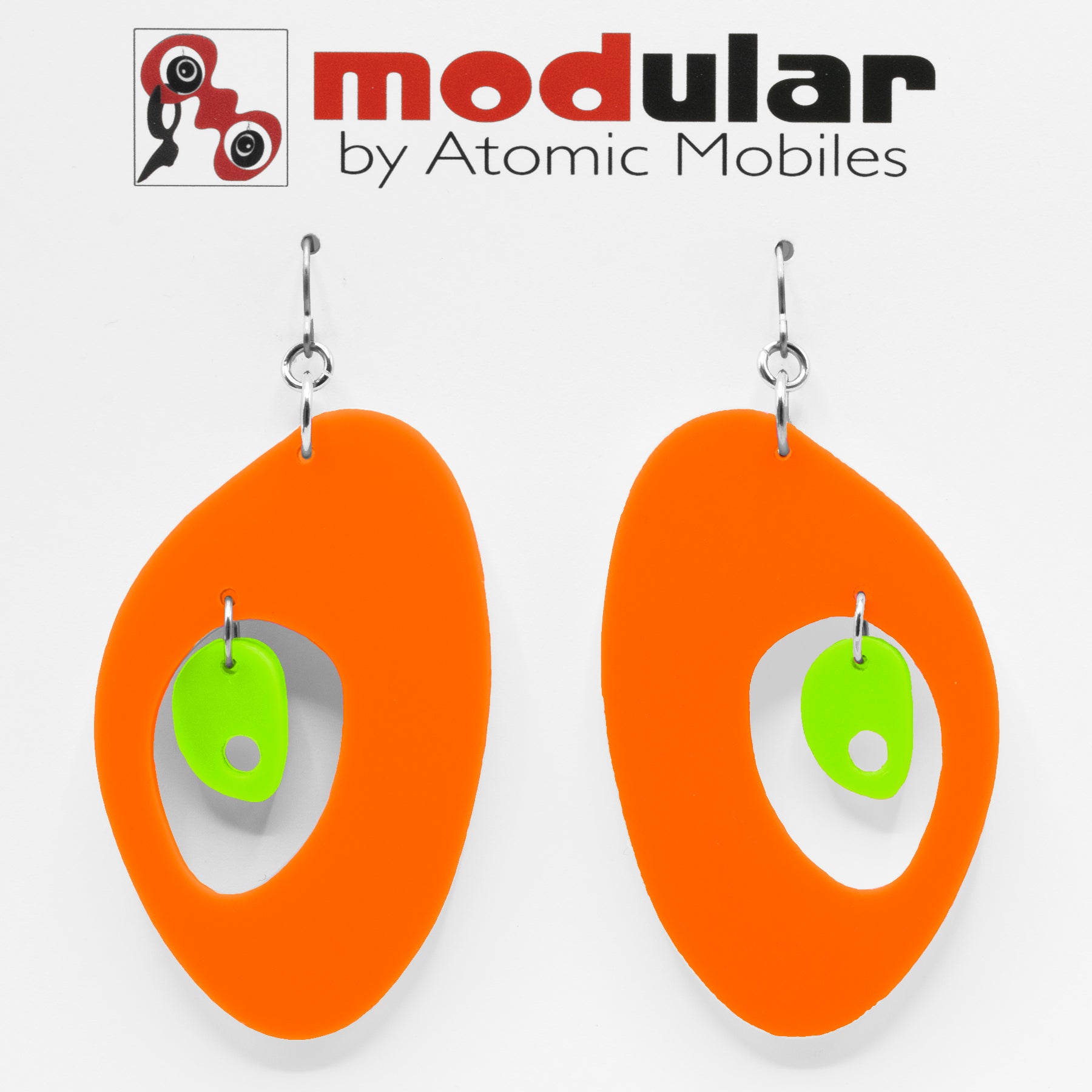 MODular Earrings - The Modernist Statement Earrings in Orange and Lime by AtomicMobiles.com - retro era inspired mod handmade jewelry