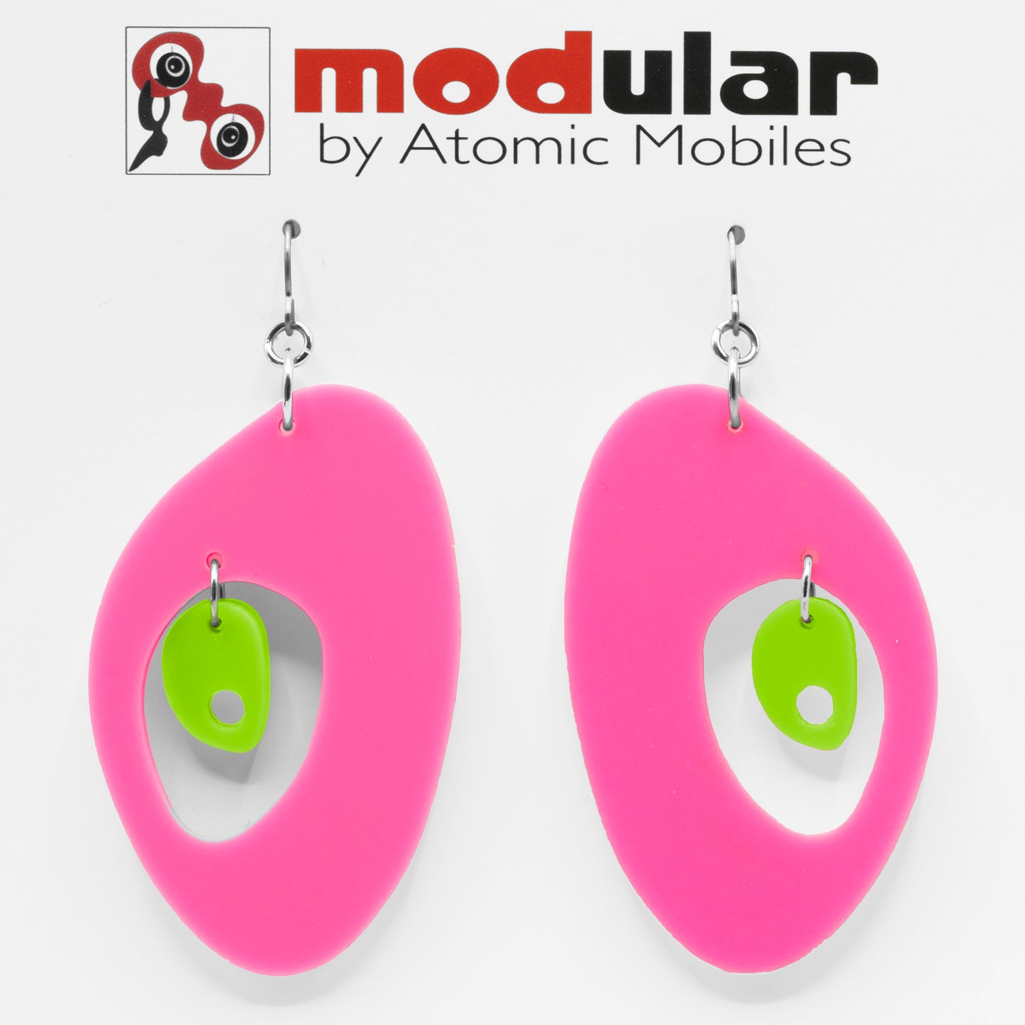 MODular Earrings - The Modernist Statement Earrings in Hot Pink and Lime by AtomicMobiles.com - retro era inspired mod handmade jewelry