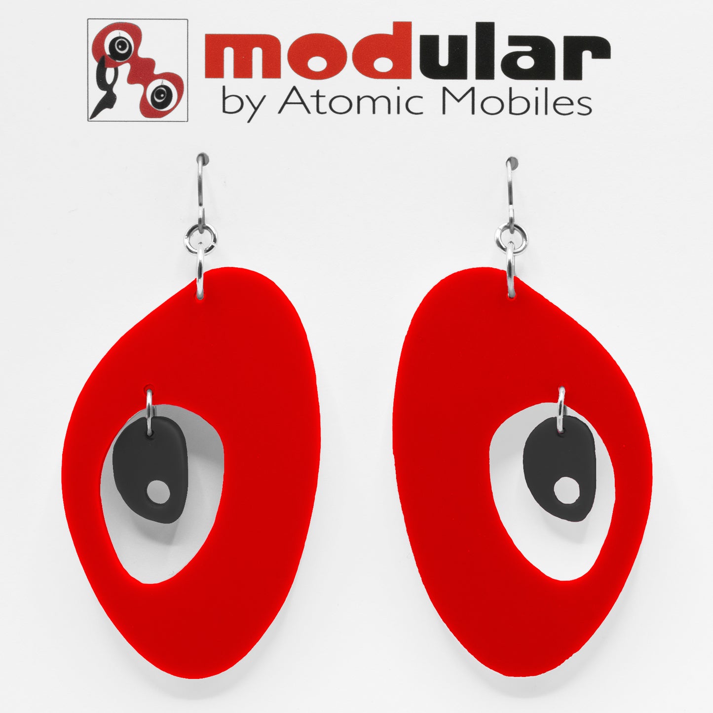 MODular Earrings - The Modernist Statement Earrings in Red and Black by AtomicMobiles.com - retro era inspired mod handmade jewelry