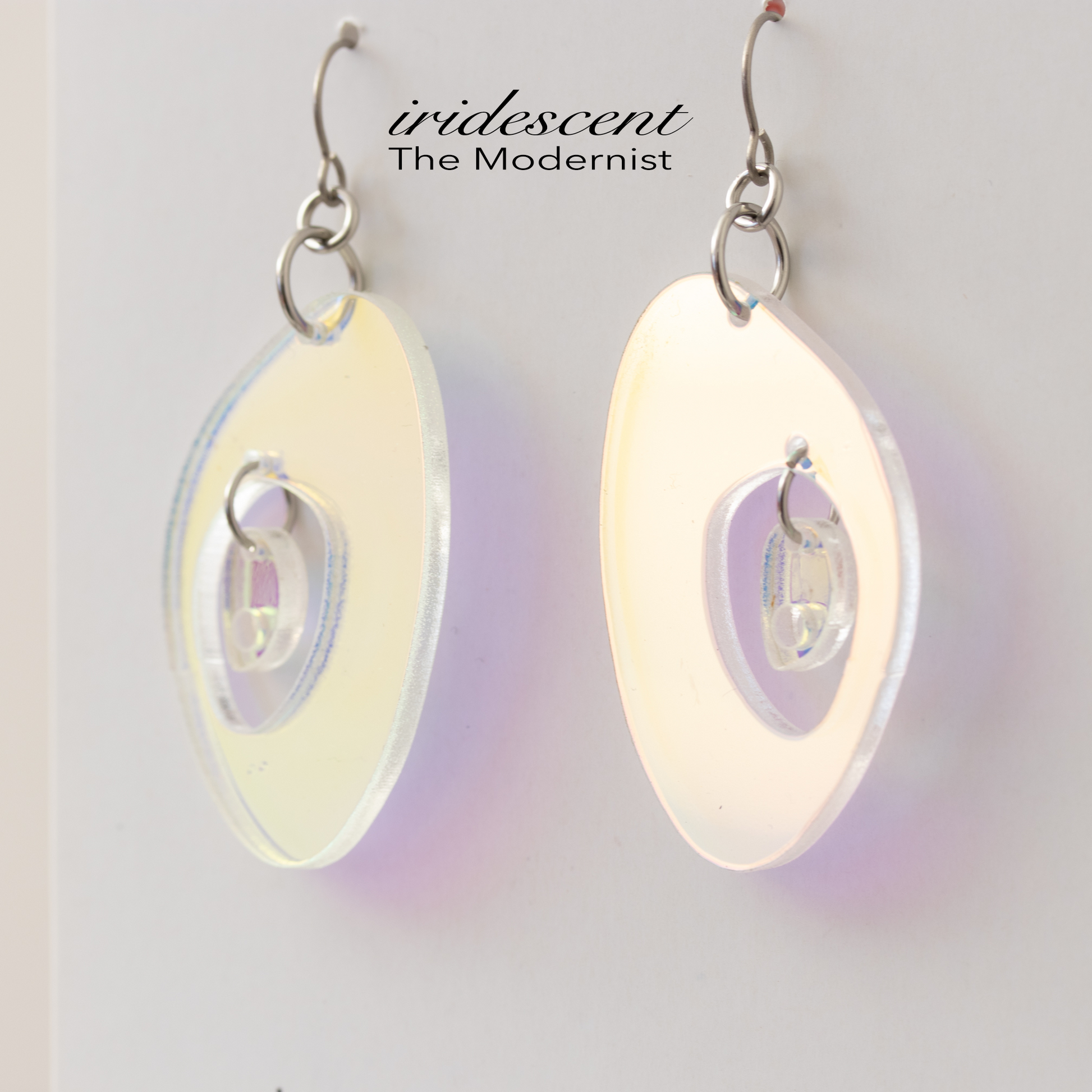Gorgeous color changing iridescent The Modernist retro mid century modern statement earrings in two sizes by AtomicMobiles.com