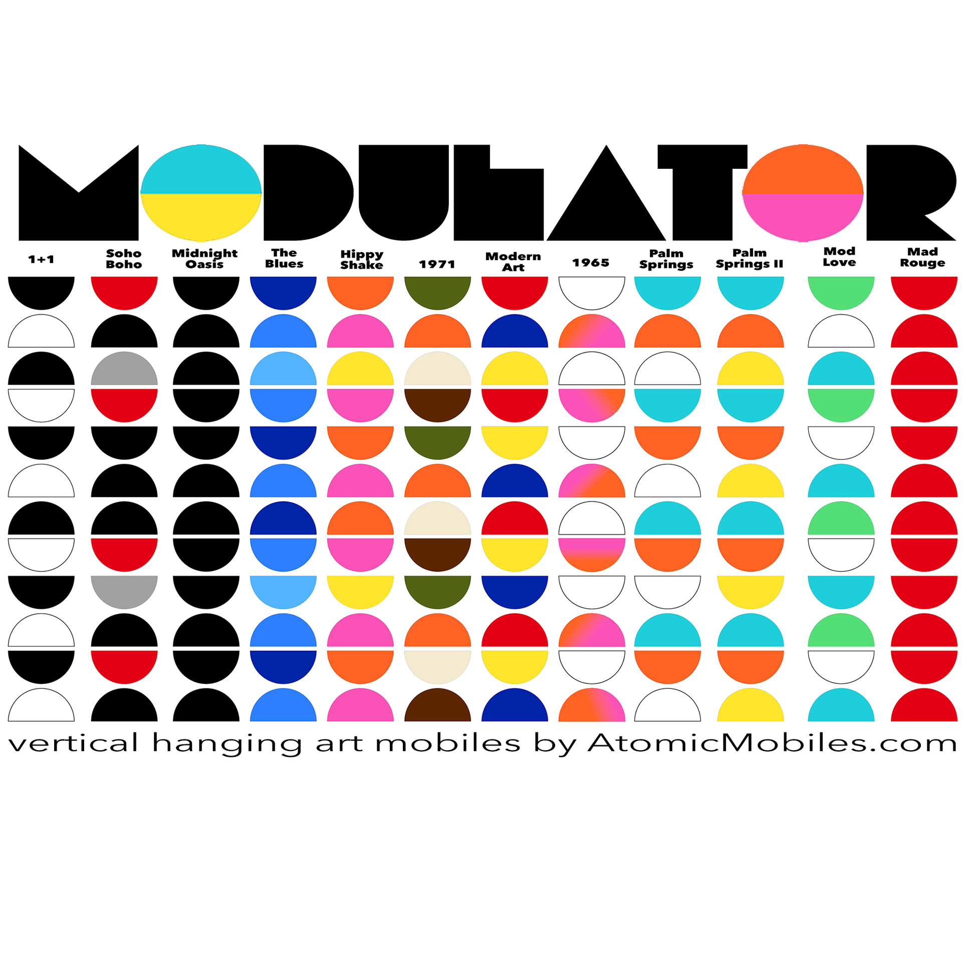 MODulator Color Chart - mid century modern retro style hanging kinetic art mobiles by AtomicMobiles.com in 12 Color Sets