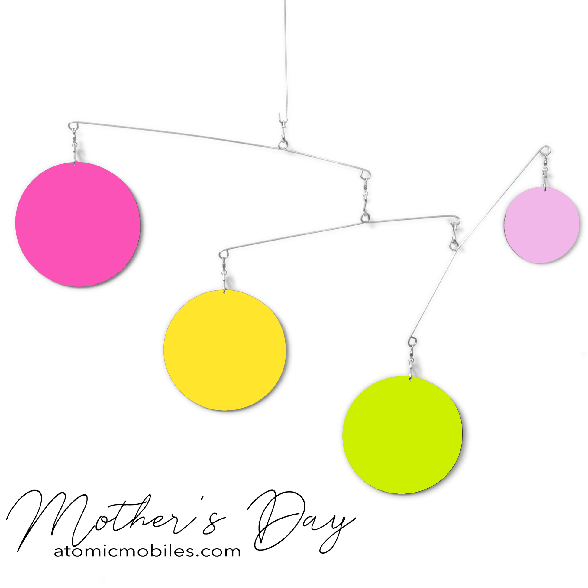 Unique Mother's Day Decoration and GIft - kinetic hanging art mobile in Mother's Day colors of Hot Pink, Yellow, Lime Green, and Pink by AtomicMobiles.com