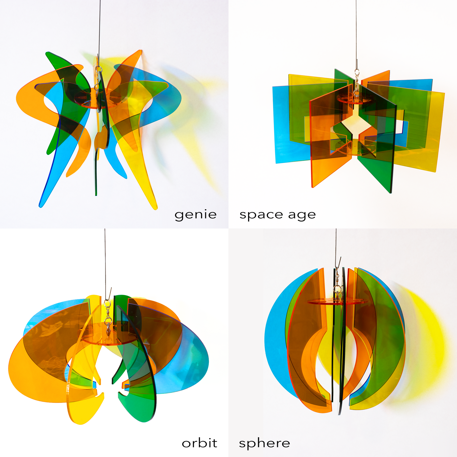 Beautiful clear acrylic plexiglass hanging art mobiles - RotaMobiles - 4 Styles in Clear Orange, Clear Yellow, Clear Blue, and Clear Green - kinetic retro mid century modern art by AtomicMobiles.com