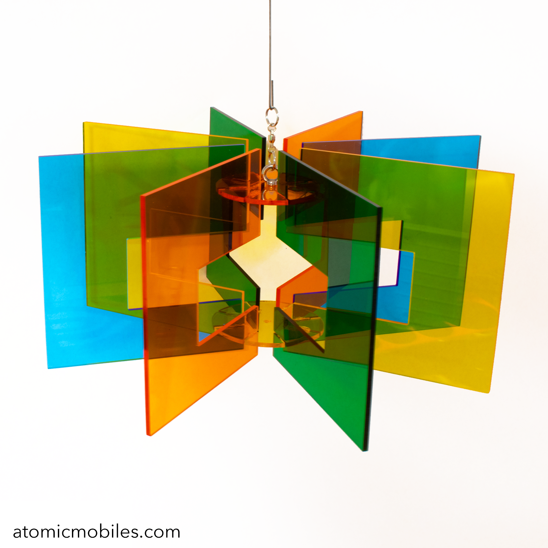 Space Age RotaMobile - Beautiful rotating kinetic hanging art mobile in clear acrylic colors of Orange, Yellow, Blue and Green by AtomicMobiles.com