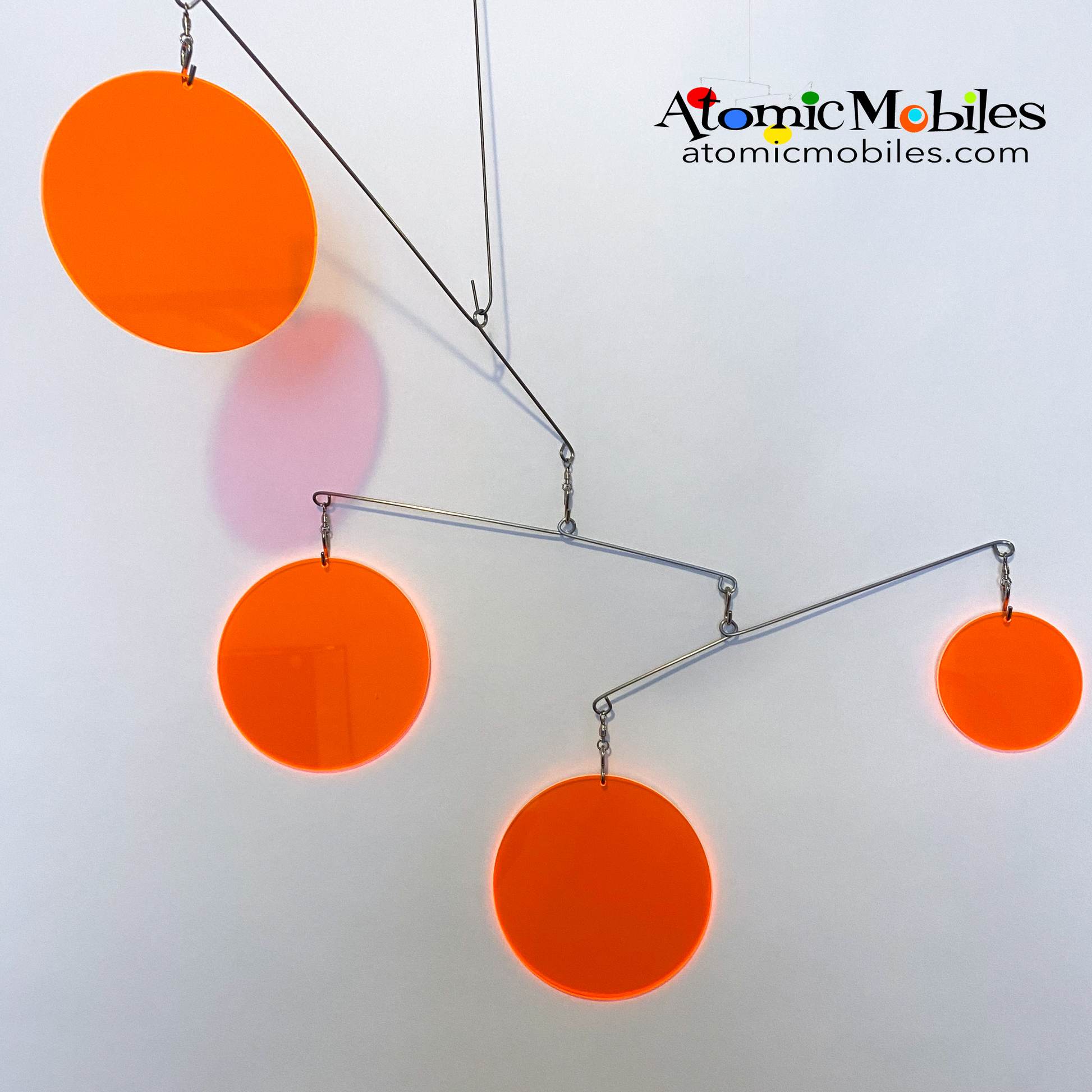 Neon Fluorescent Orange Atomic Mobile -  hanging modern kinetic art mobiles by AtomicMobiles.com