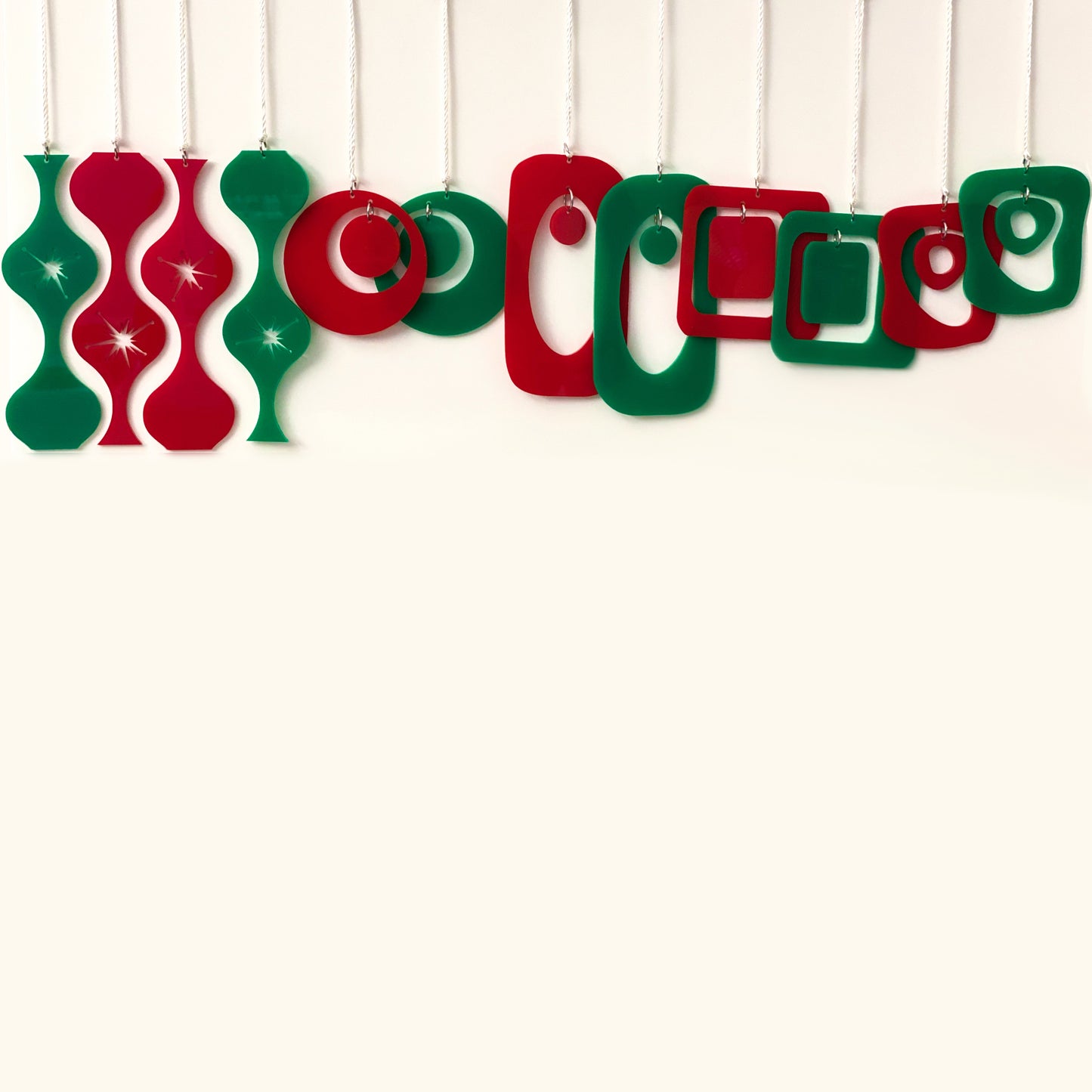 Festive set of 12 mid century modern style Christmas Ornaments in red and green by AtomicMobiles.com