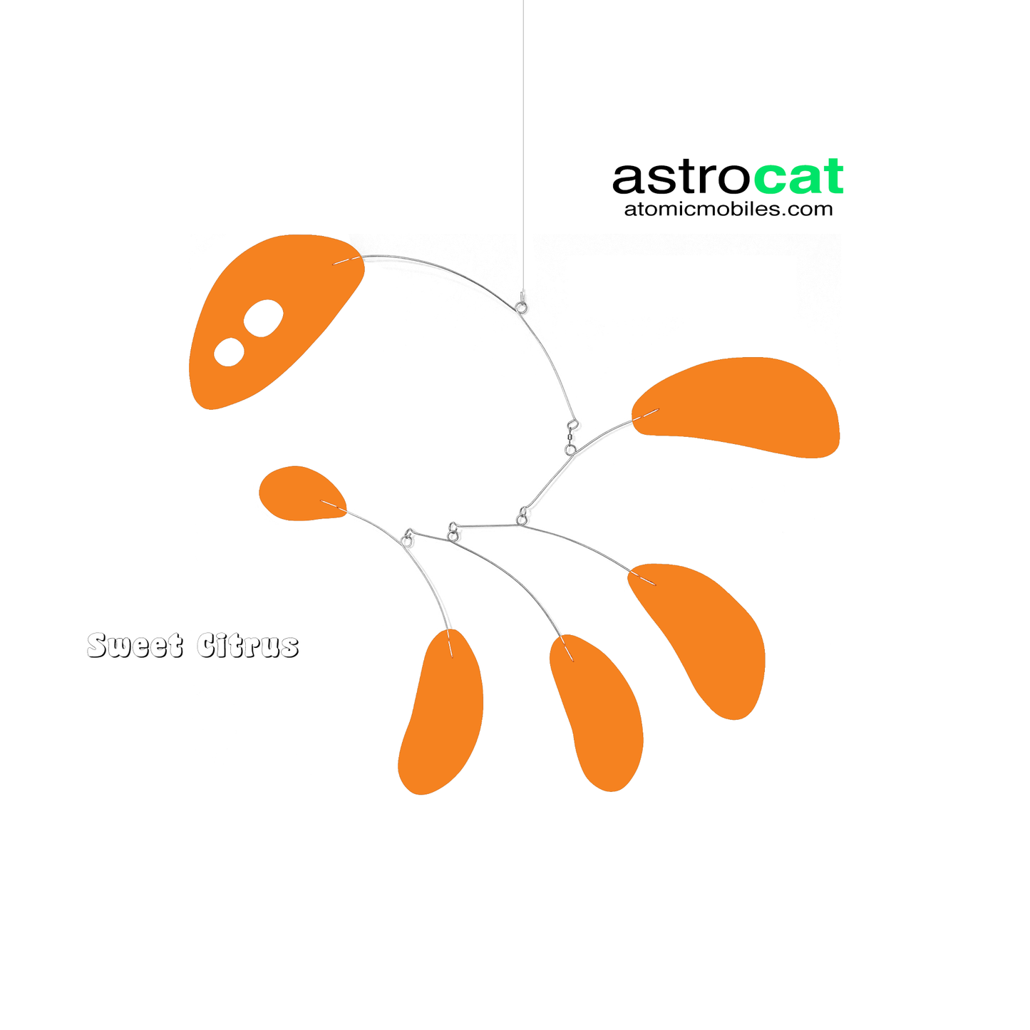 AstroCat hanging art mobile in orange Sweet Citrus color - kinetic mid century modern inspired art by AtomicMobiles.com