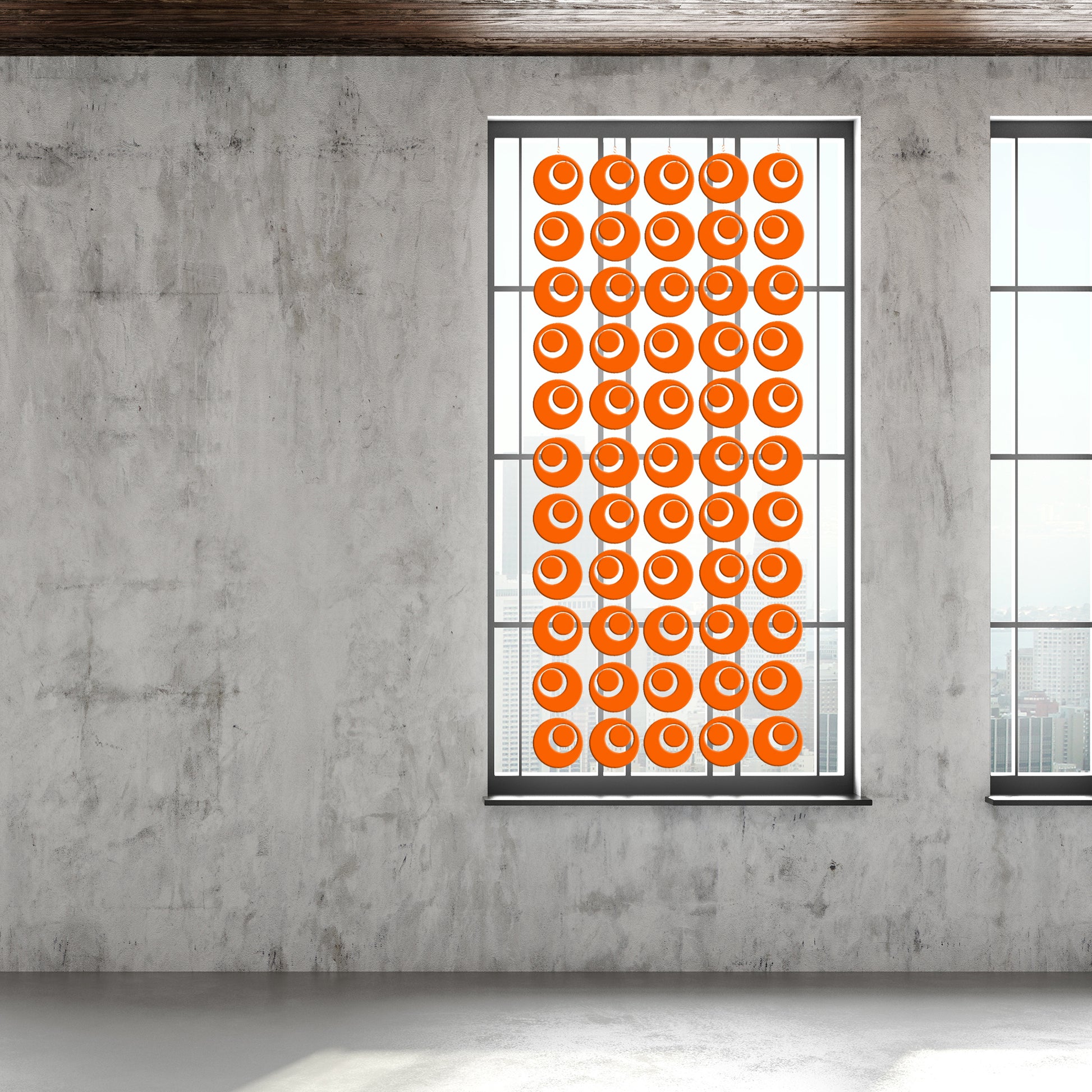 Groovy Acrylic Orange Window Curtain DIY KIT in modern city building with concrete walls and wood ceiling by AtomicMobiles.com