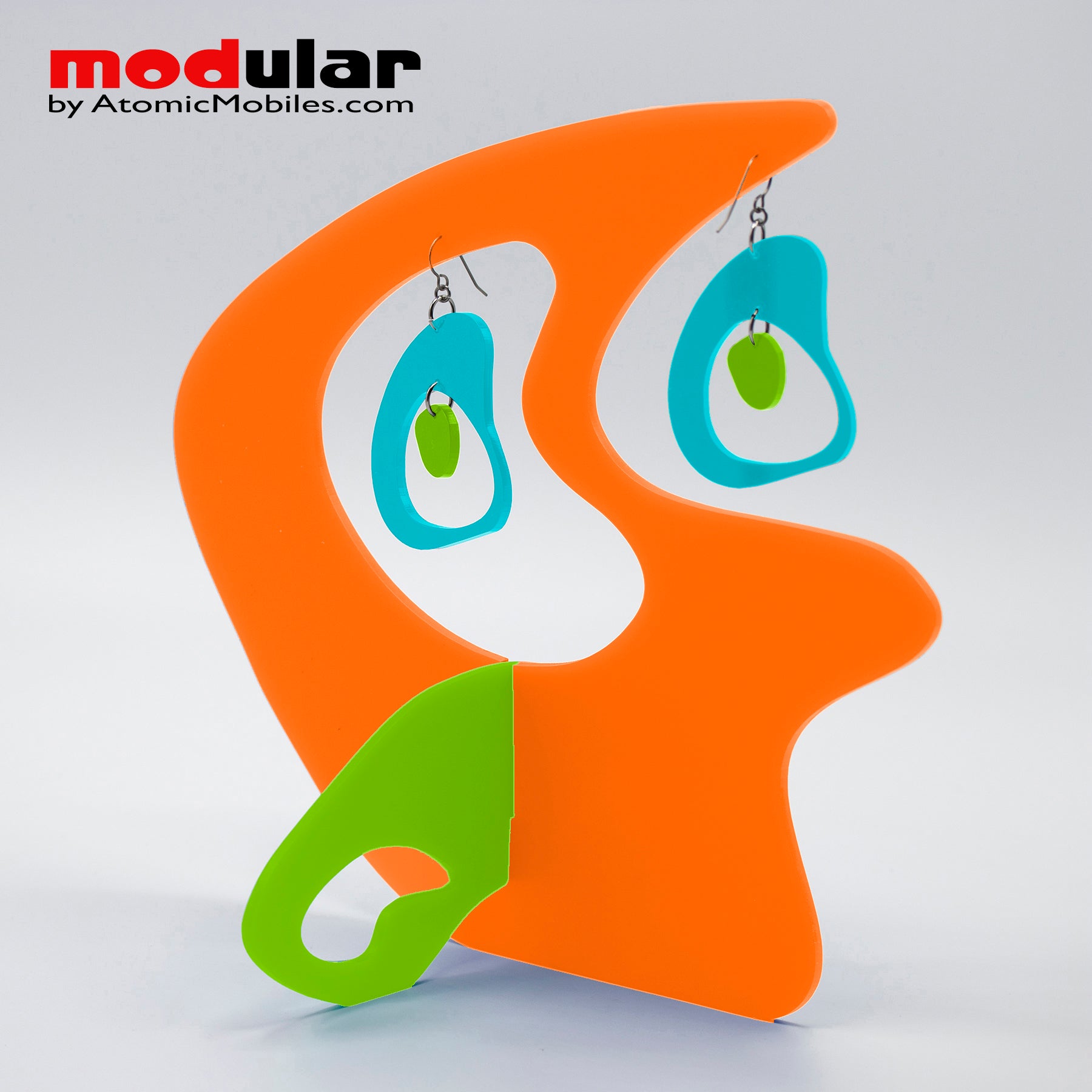 Handmade Boomerang Retro style earrings and stabile kinetic modern art sculpture in Orange Aqua and Lime by AtomicMobiles.com