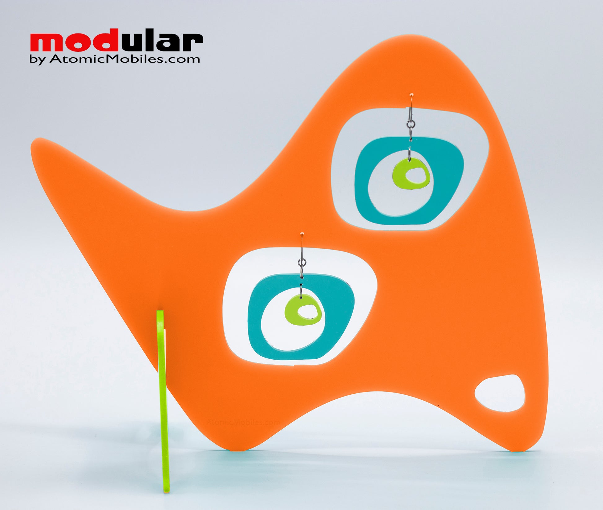 Handmade Paris retro mid century style earrings and stabile kinetic modern art sculpture in Orange Aqua and Lime by AtomicMobiles.com