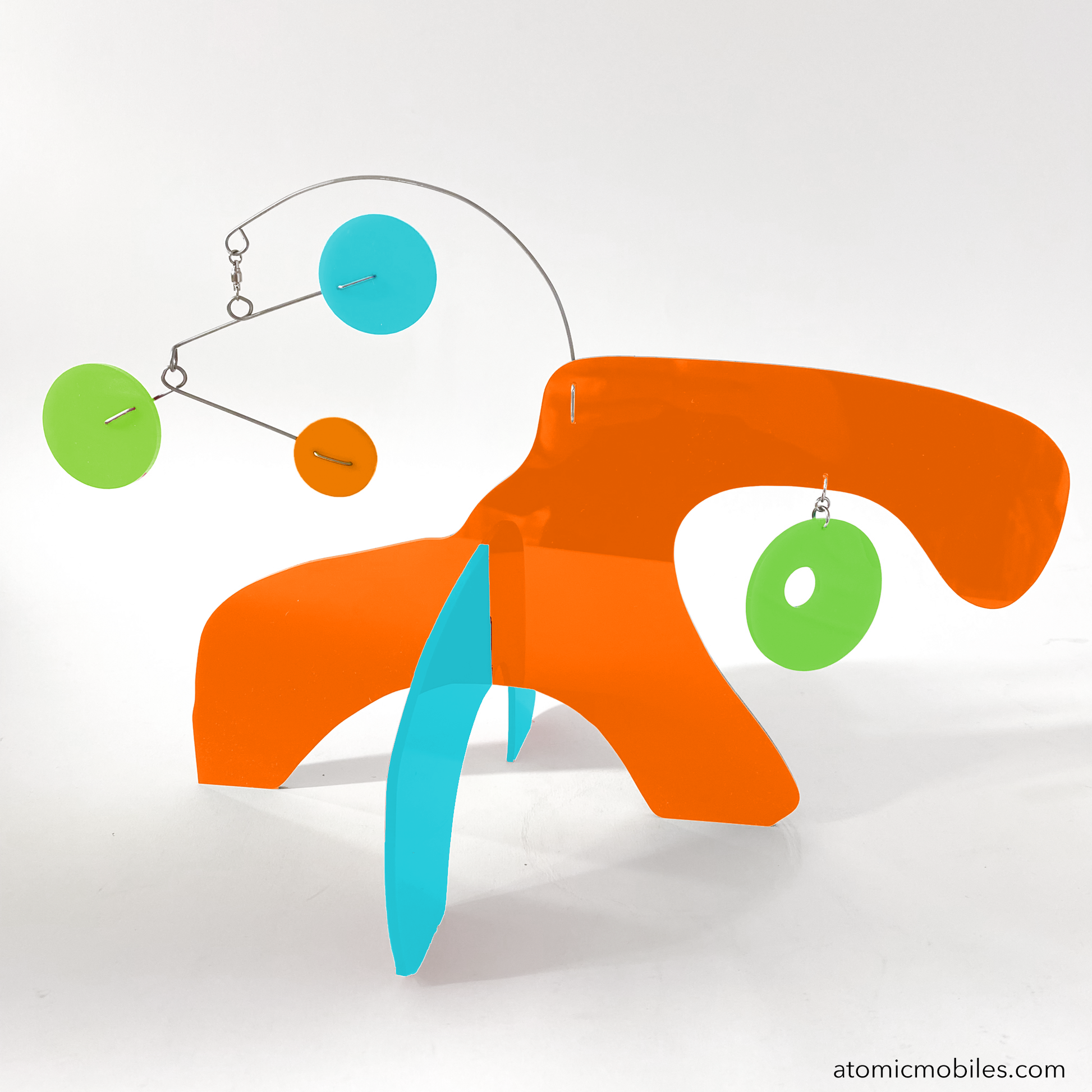 KinetiCats Collection Turtle in Palm Springs Mid Century Modern Colors Of Orange, Aqua Blue, and Lime Green - one of 12 Modern Cute Abstract Animal Art Sculpture Kinetic Stabiles inspired by Dada and mid century modern style art by AtomicMobiles.com