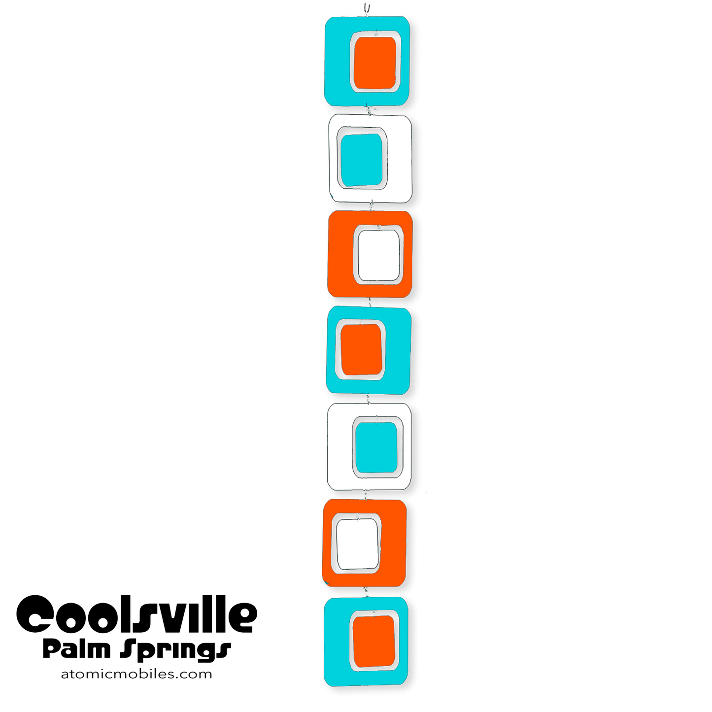 Coolsville kinetic vertical hanging art mobile in mid century modern colors of Aqua Blue, Orange, and White by AtomicMobiles.com