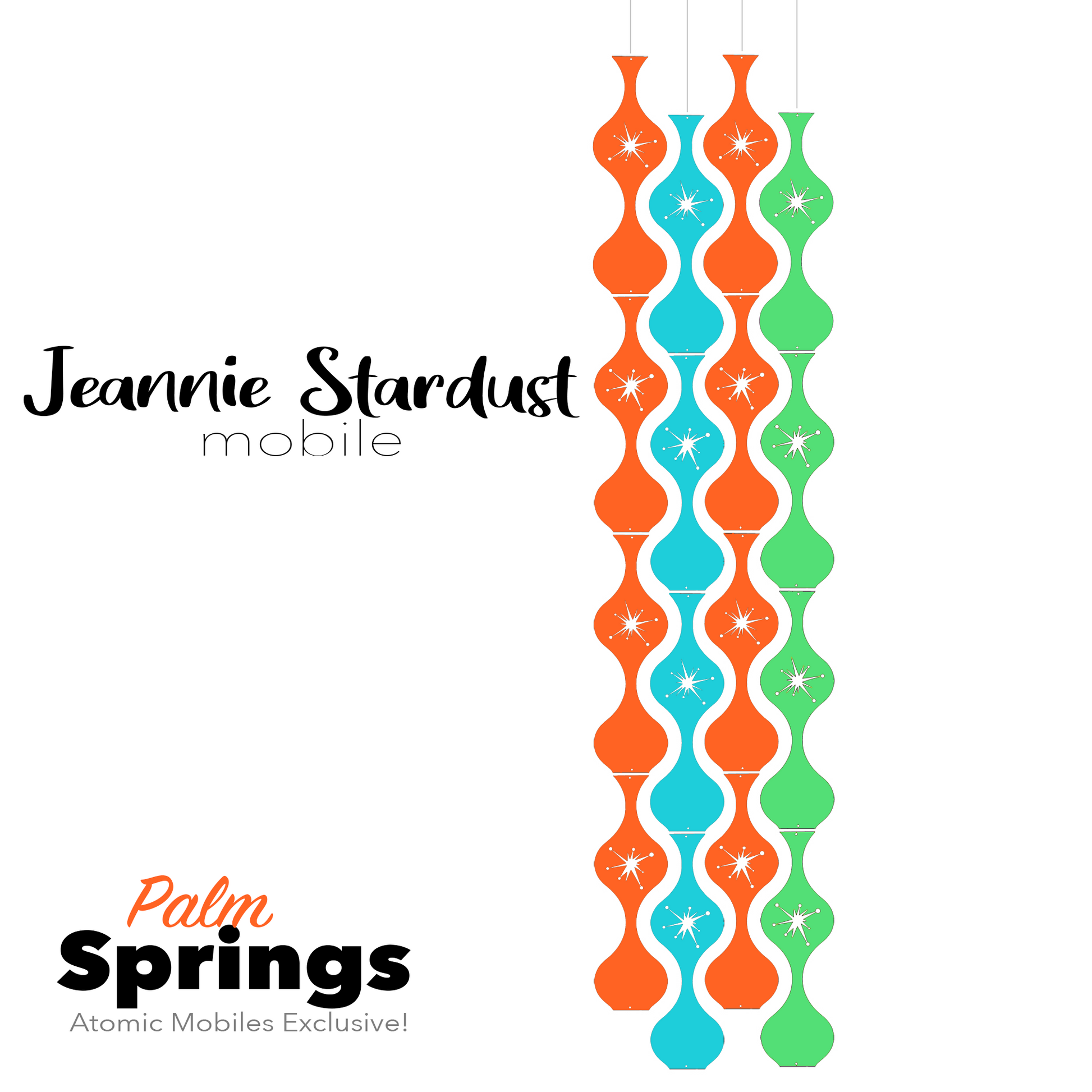 Palm Springs Jeannie Stardust Hanging Art Mobile - mid century modern home decor in Palm Springs colors of Orange, Aqua, and Lime - by AtomicMobiles.com