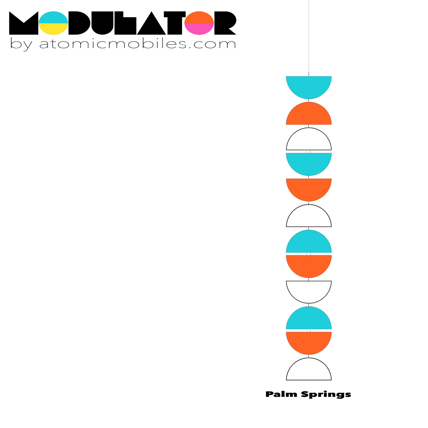 MODulator Vertical Art Mobile - retro mid century modern style hanging art mobile in Palm Springs colors of Aqua, Orange and White by AtomicMobiles.com
