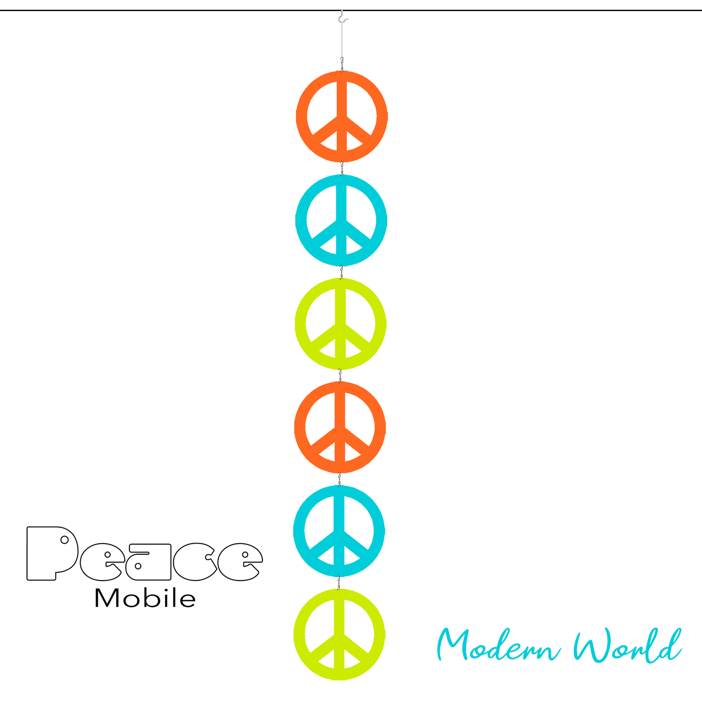 Modern World Peace Mobile - 6 Peace signs in Modern colors of Orange, Aqua Blue, and Lime Green - kinetic hanging art mobile symbolizes World Peace - by AtomicMobiles.com