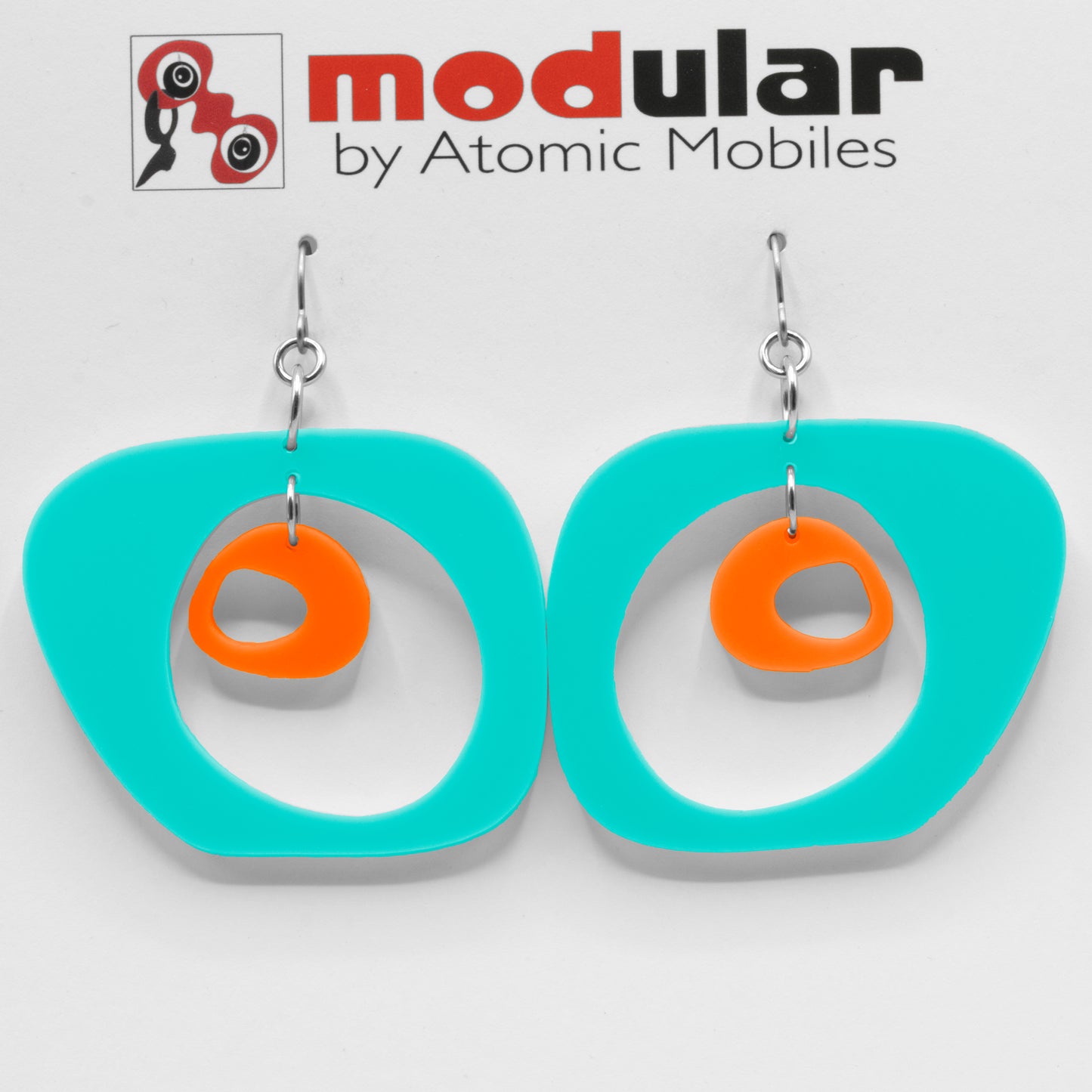 MODular Earrings - Paris Statement Earrings in Aqua and Orange by AtomicMobiles.com - retro era inspired mod handmade jewelry