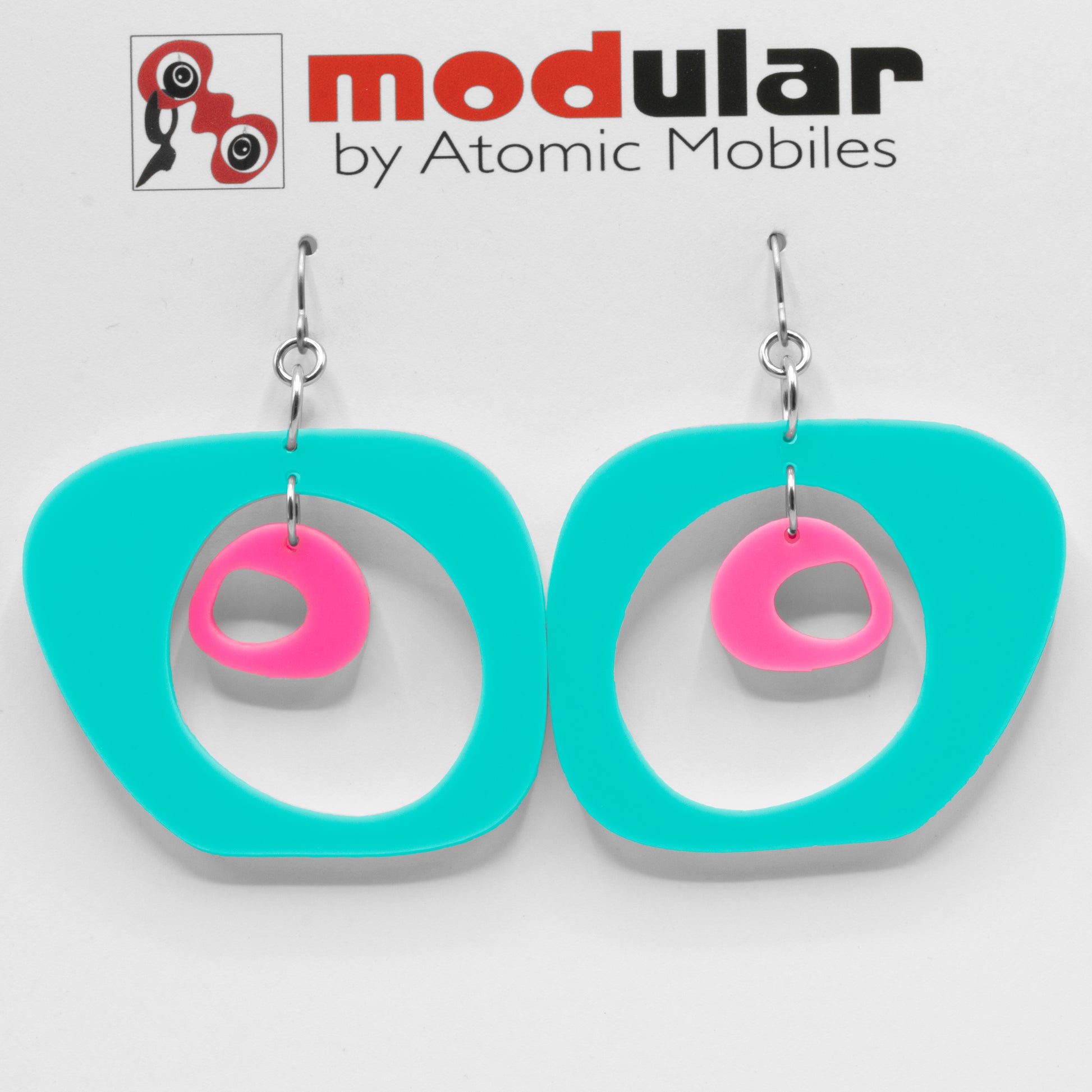 MODular Earrings - Paris Statement Earrings in Aqua and Hot Pink by AtomicMobiles.com - retro era inspired mod handmade jewelry