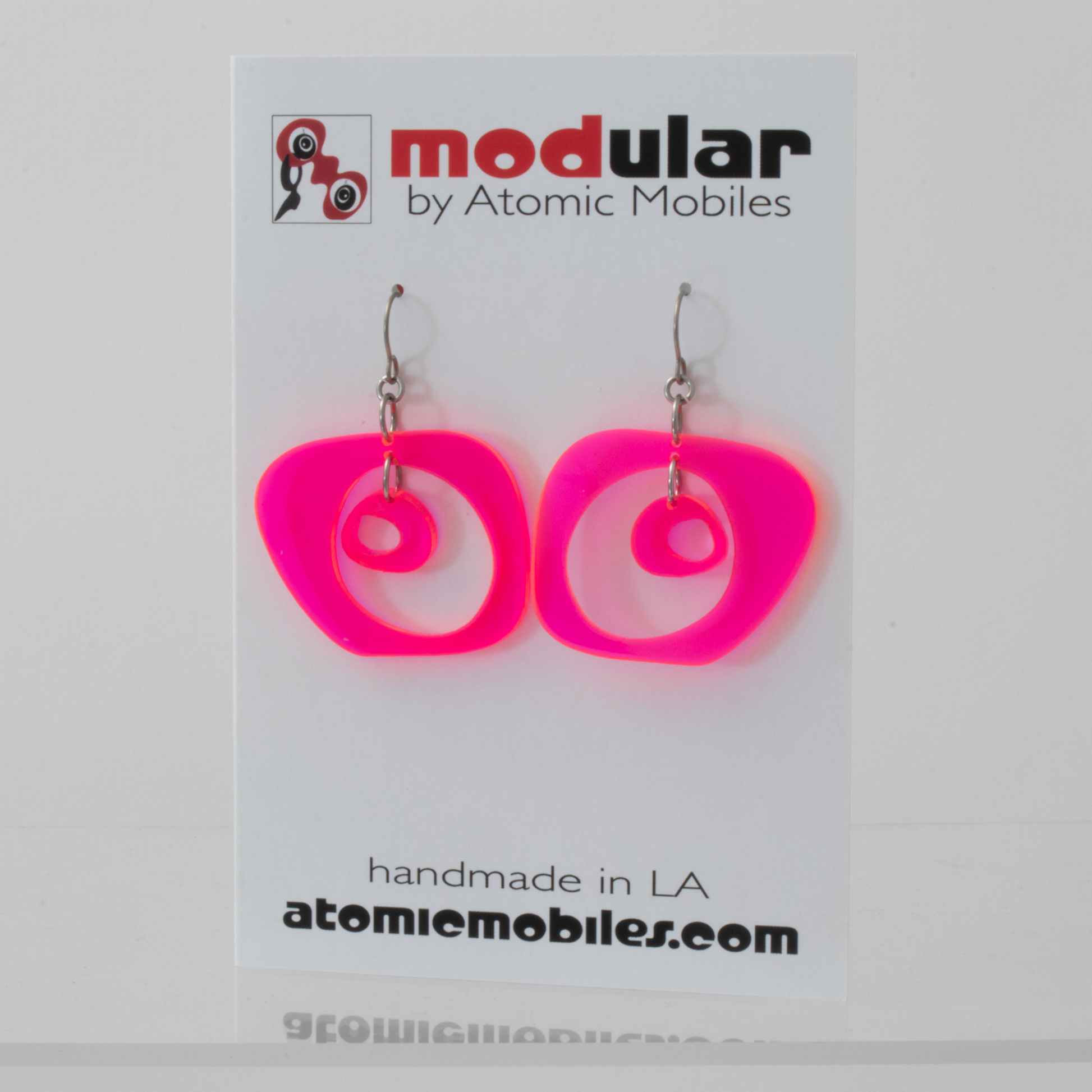 Paris 1960s Mid Century Modern Style Earrings in Neon Fluorescent Hot Pink plexiglass acrylic by AtomicMobiles.com